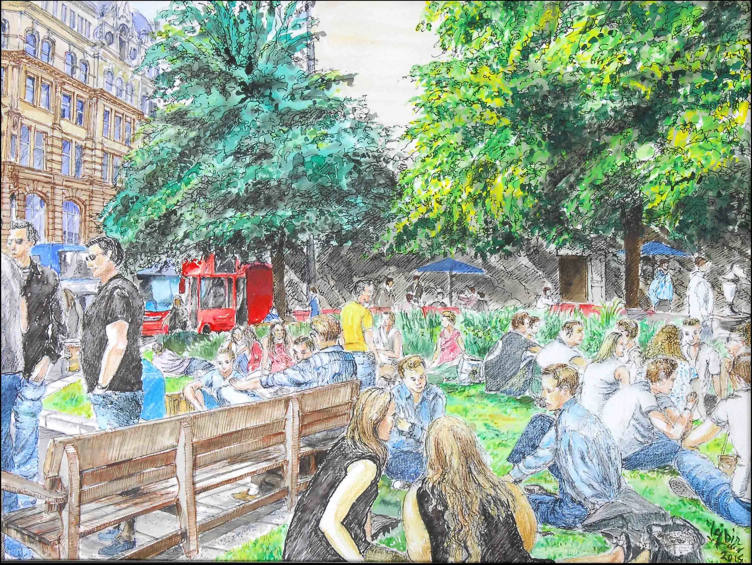 3-In the park, 2014, water colours-pens on paper,21''x15'', USD 450-550..jpg
