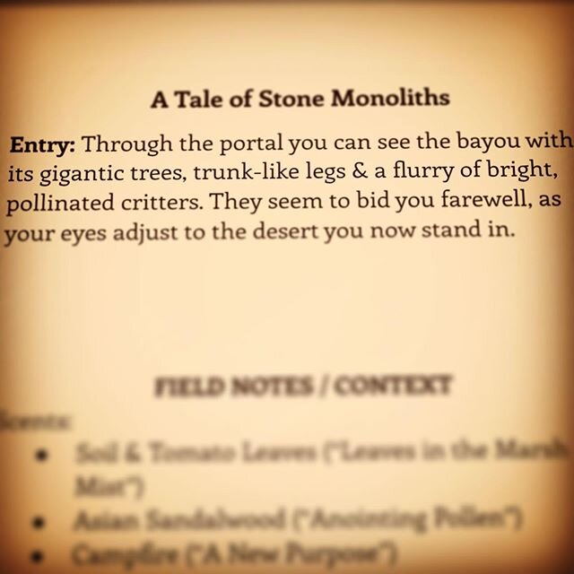 A Tale of Stone Monoliths

Entry: Through the portal you can see the bayou with its gigantic trees, trunk-like legs &amp; a flurry of bright, pollinated critters. They seem to bid you farewell, as your eyes adjust to the desert you now stand in. 
___
