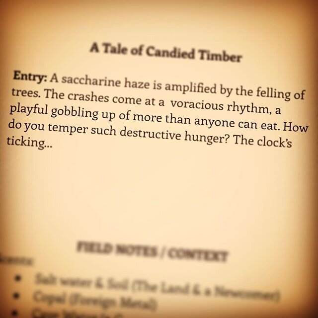 A Tale of Candied Timber

Entry: A saccharine haze is amplified by the felling of trees. The crashes come at a  voracious rhythm, a playful gobbling up of more than anyone can eat. How do you temper such destructive hunger? The clock&rsquo;s ticking.