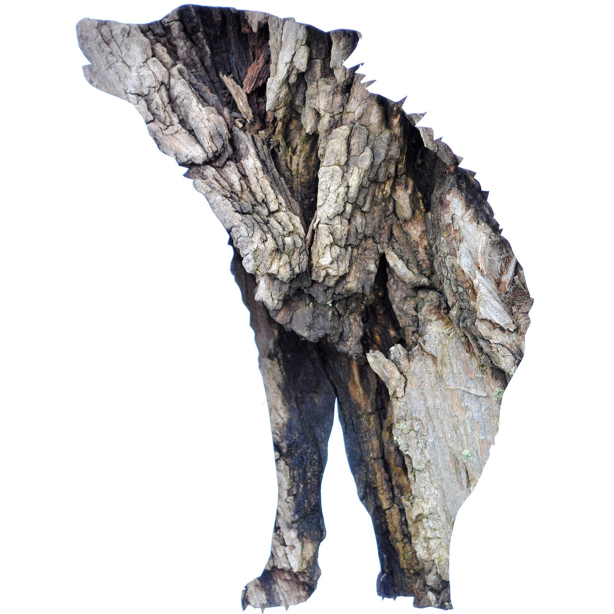Gray Wolf wildlife art print featuring a moose silhouette created from photographs of real tree bark textures on a white background.