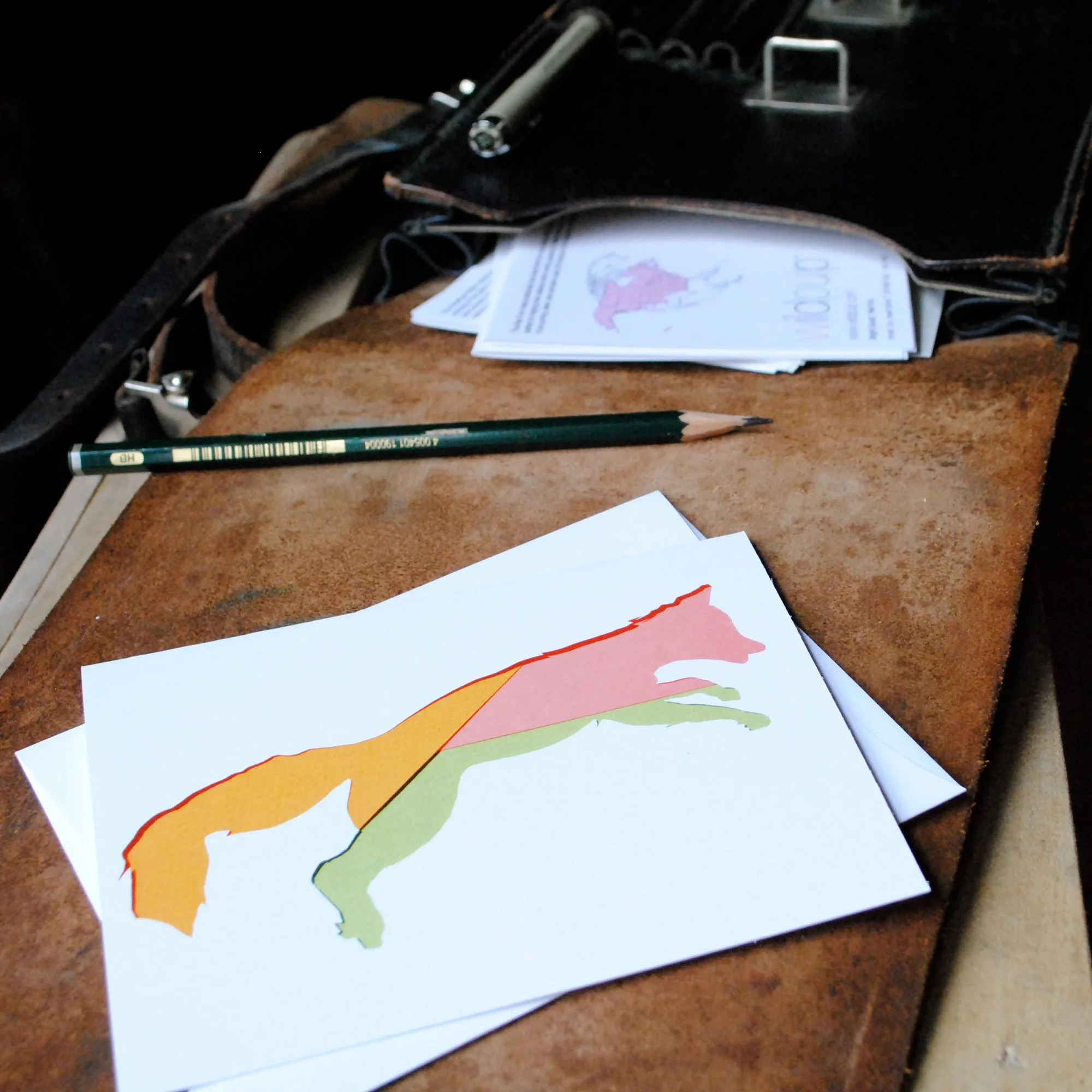 Red Fox blank note card and envelope inside a school bag, educational kids nature gift and children stationery set.