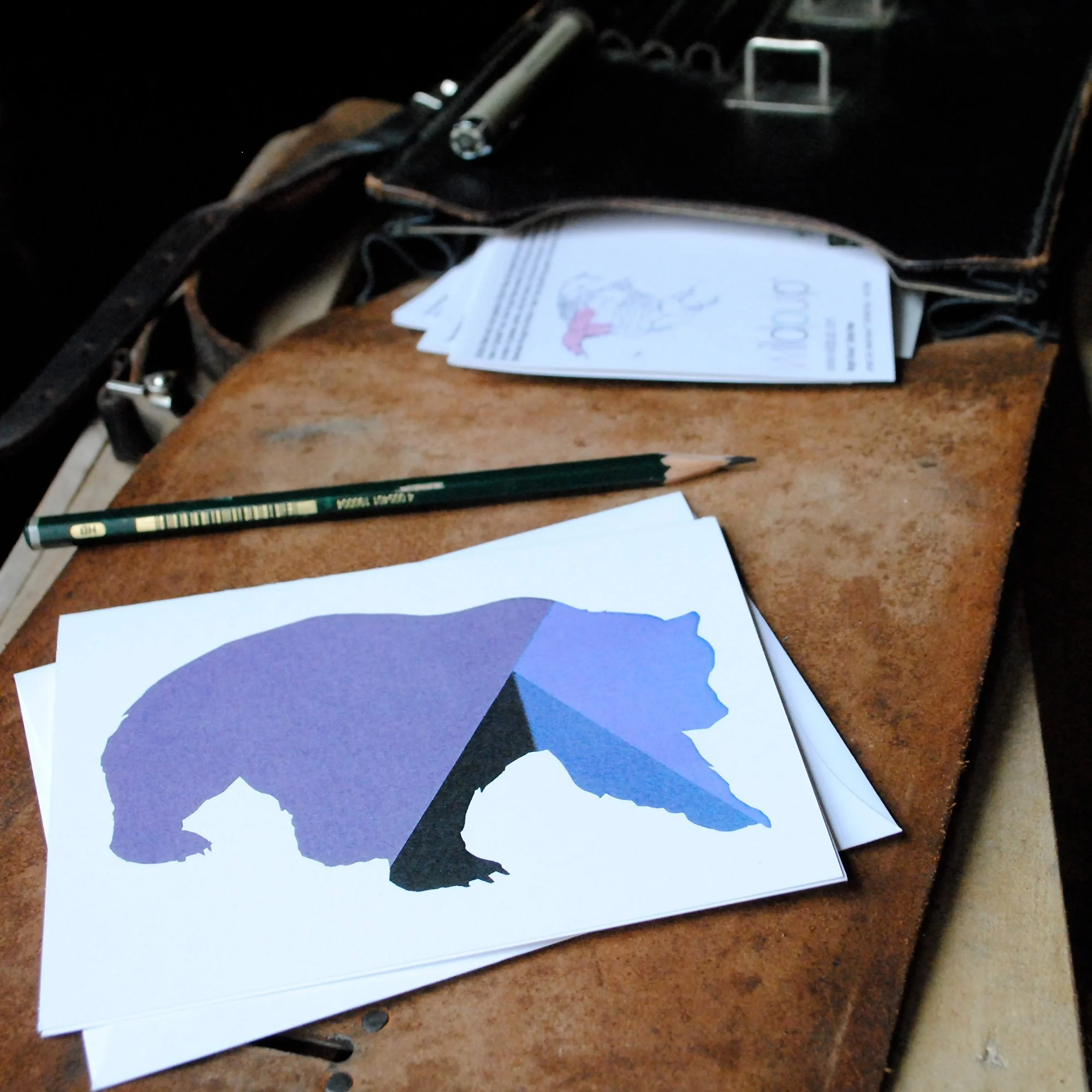 Grizzly Bear blank note card and envelope inside a school bag, educational kids nature gift and children stationery set.