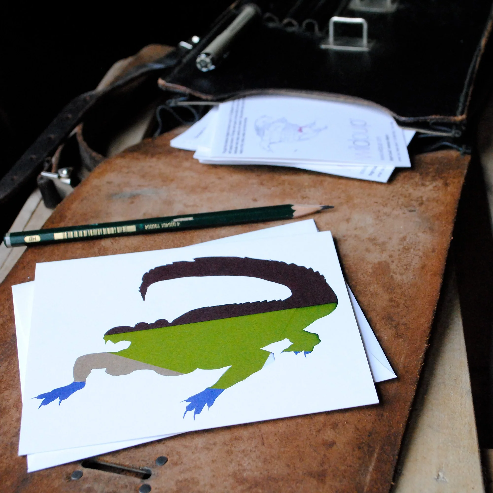 Alligator blank note card and envelope inside a school bag, educational kids nature gift and children stationery set.