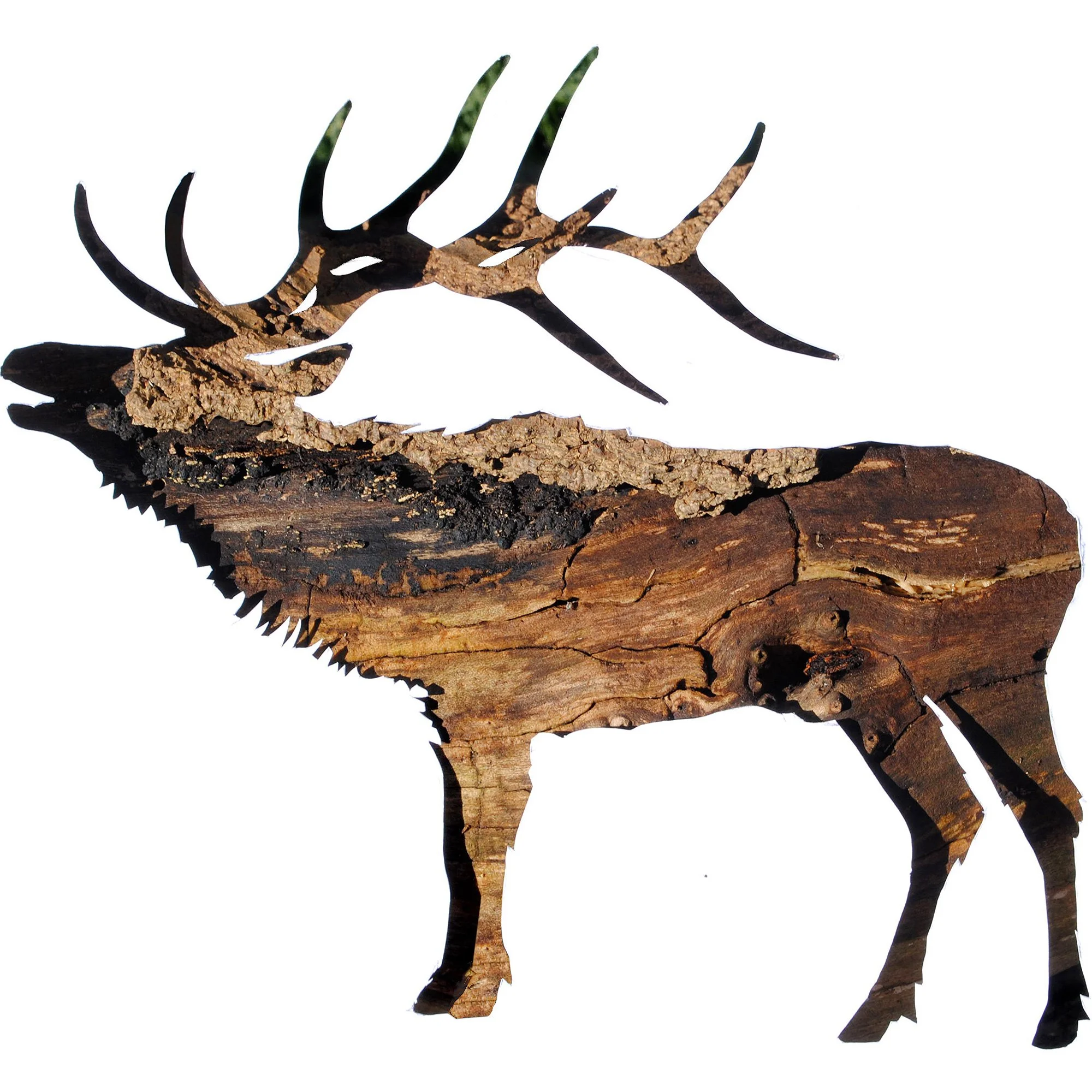 Elk wildlife art print featuring a moose silhouette created from photographs of real tree bark textures on a white background.