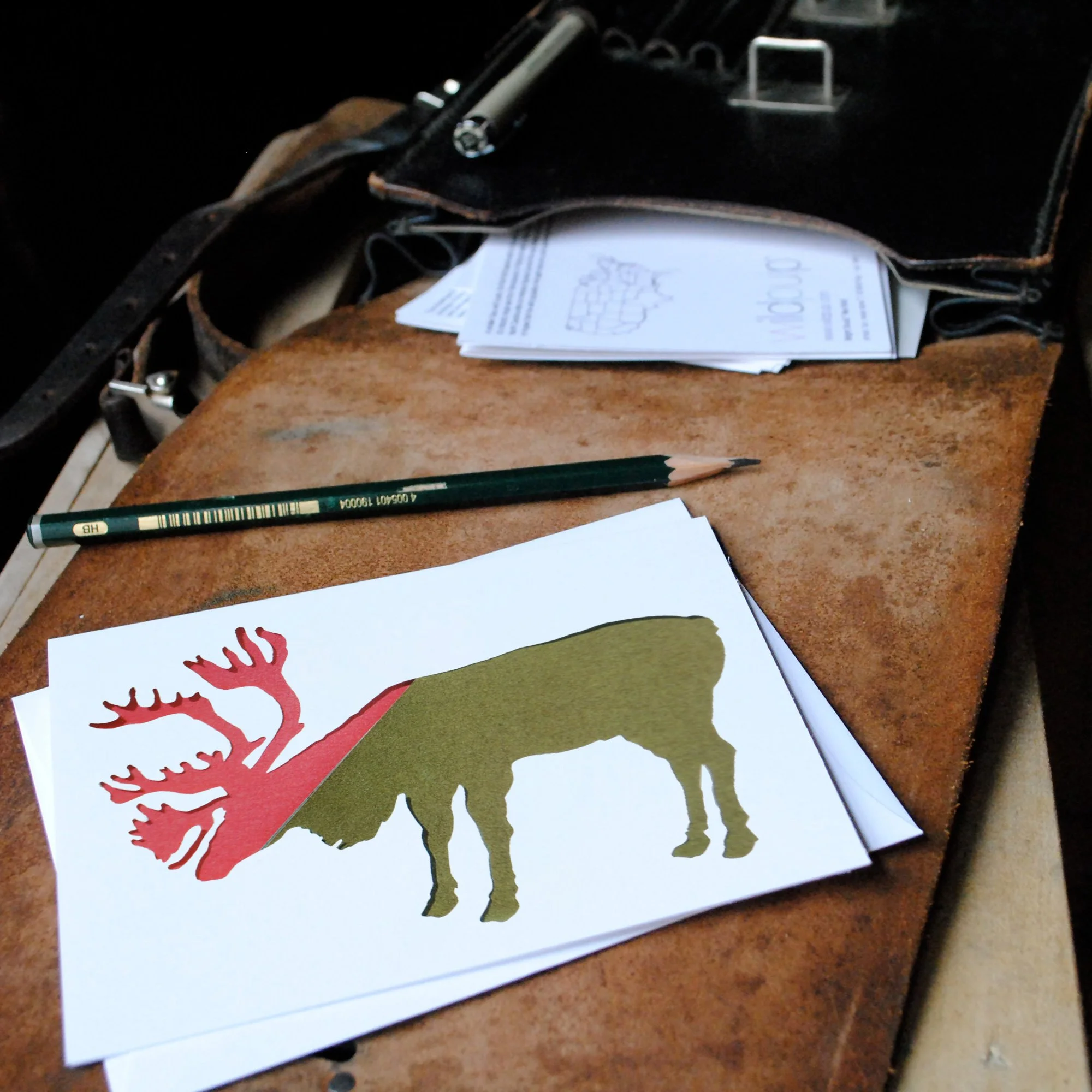 Caribou blank note card and envelope inside a school bag, educational kids nature gift and children stationery set.