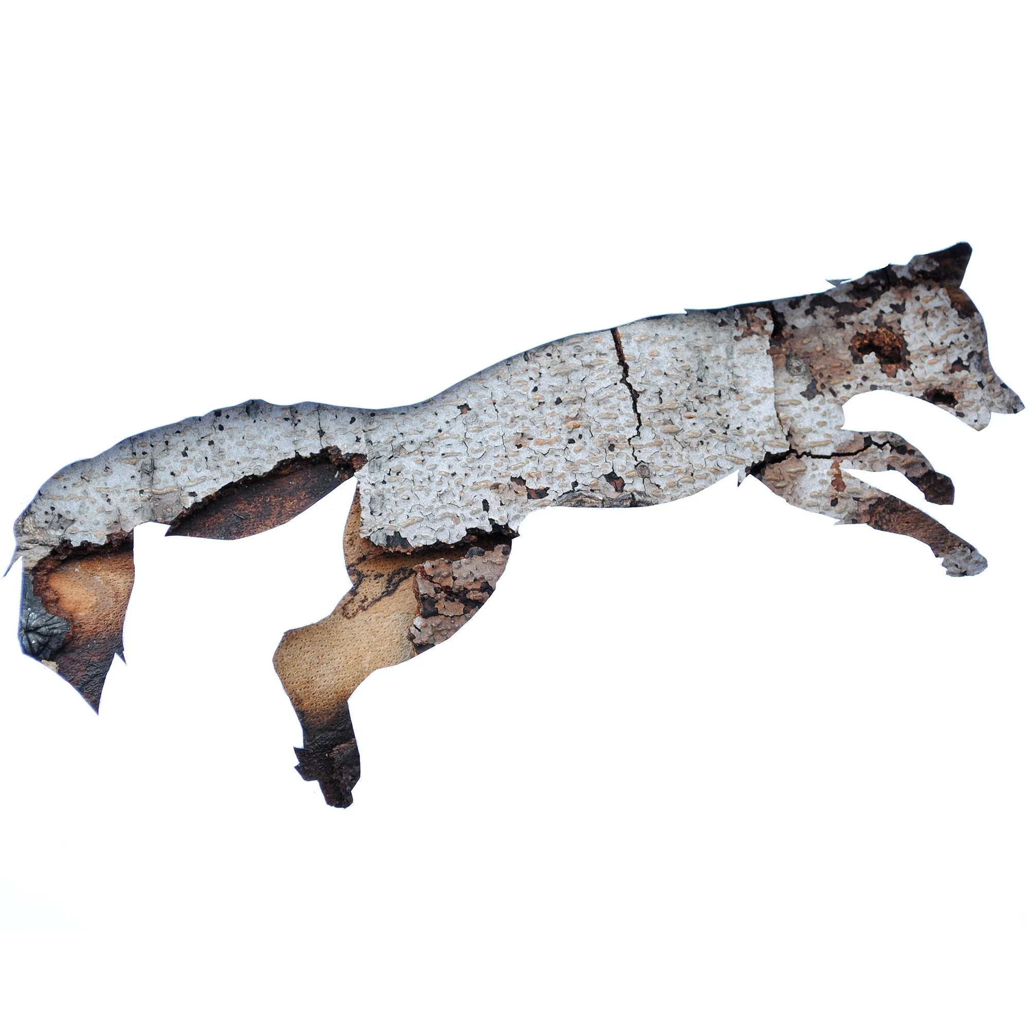 Red fox wildlife art print featuring a moose silhouette created from photographs of real tree bark textures on a white background.