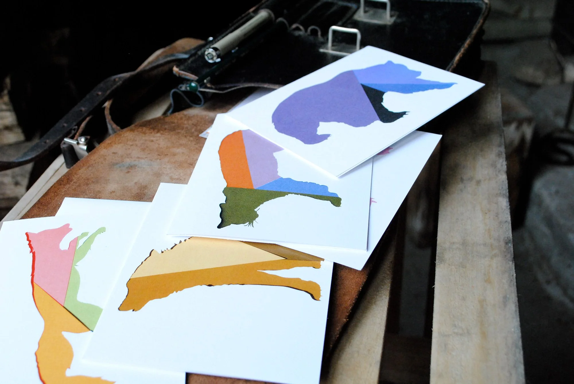 Bright Souls wildlife note cards featuring colorful animal artwork and educational species facts displayed in a vintage school satchel.