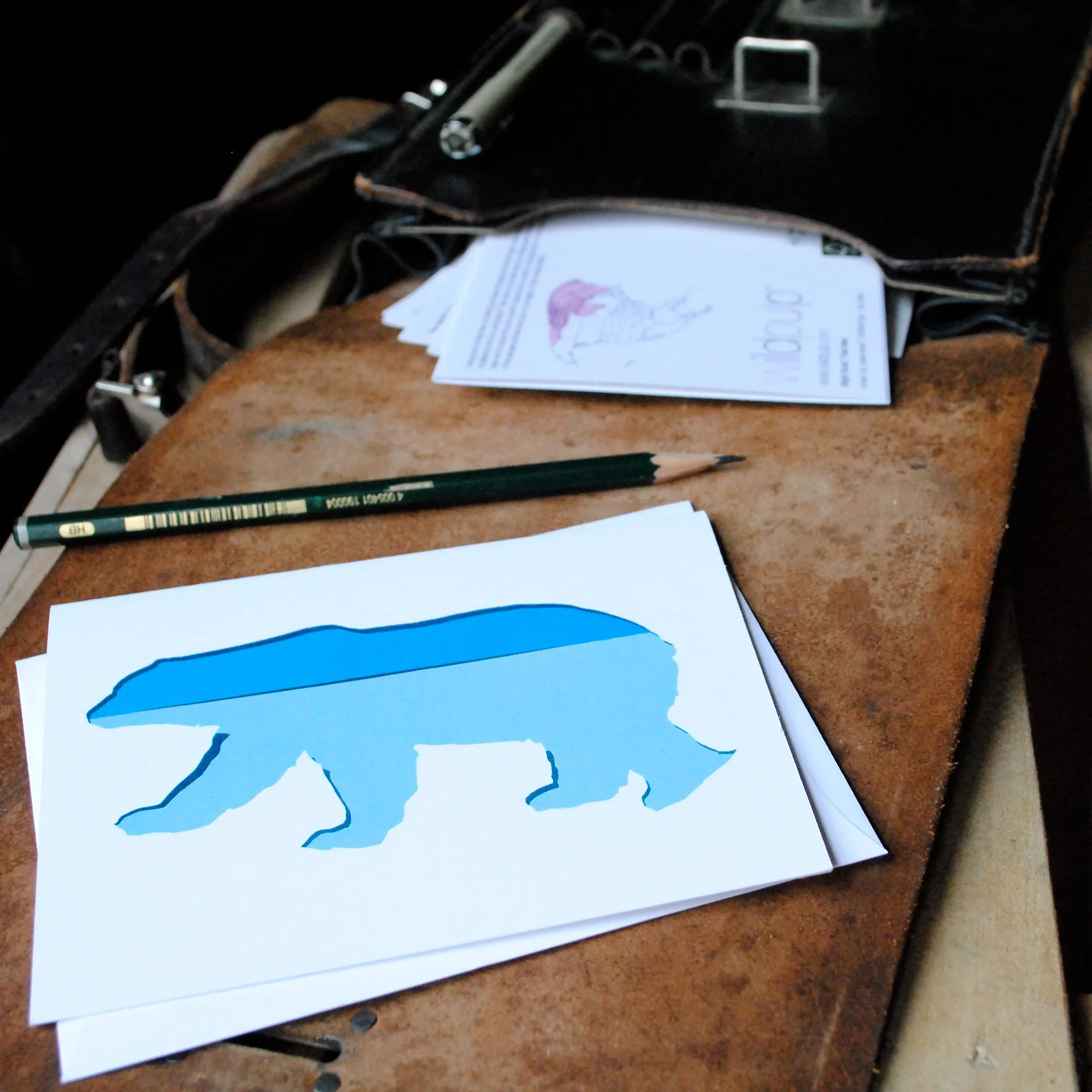 Polar Bear blank note card and envelope inside a school bag, educational kids nature gift and children stationery set.