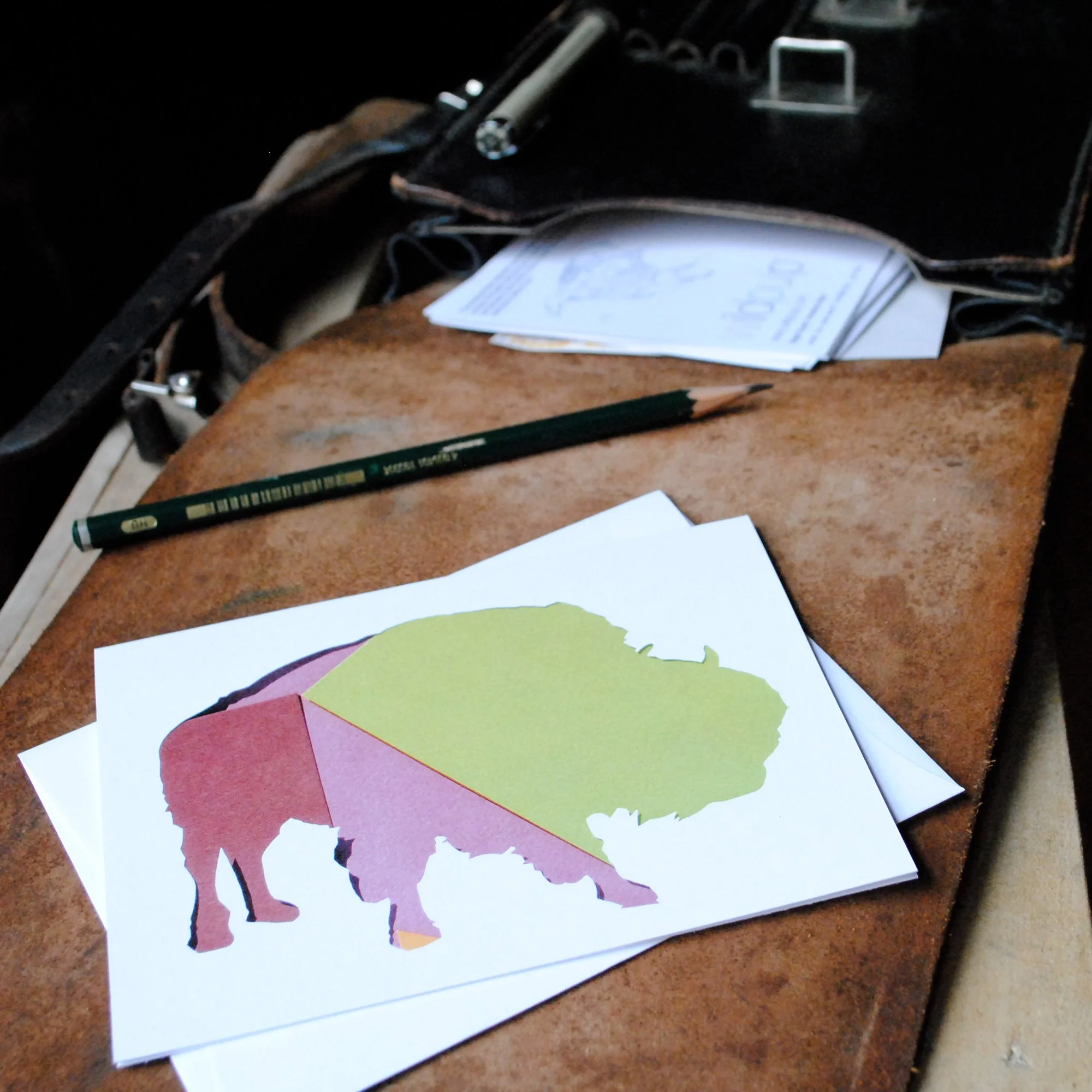 Bison blank note card and envelope inside a school bag, educational kids nature gift and children stationery set.