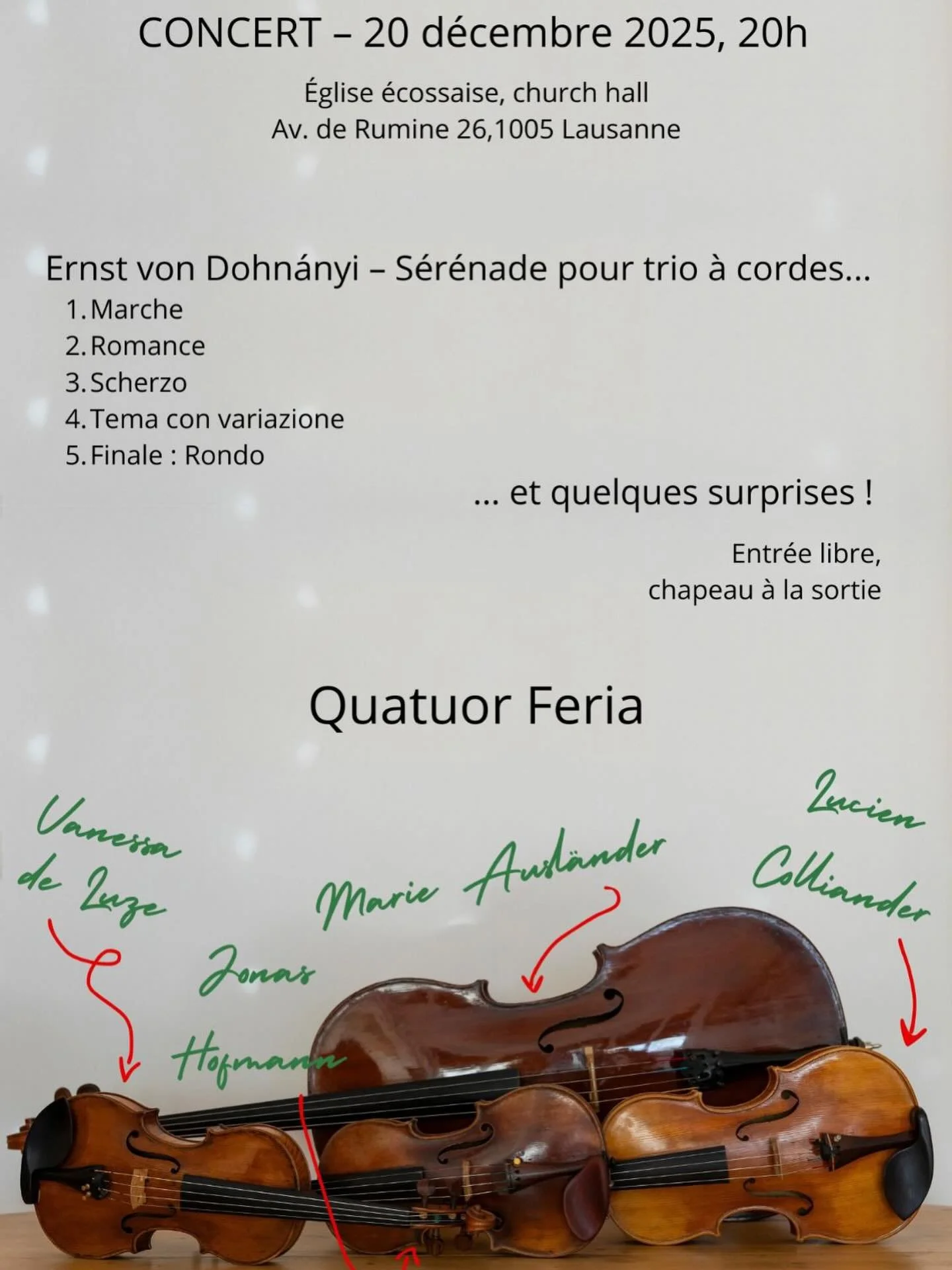 Quatuor Feria en concert le samedi 20 d&eacute;cembre &agrave; 20h &agrave; l'&eacute;glise &eacute;cossaise. #lausannecity #lausannechurch
