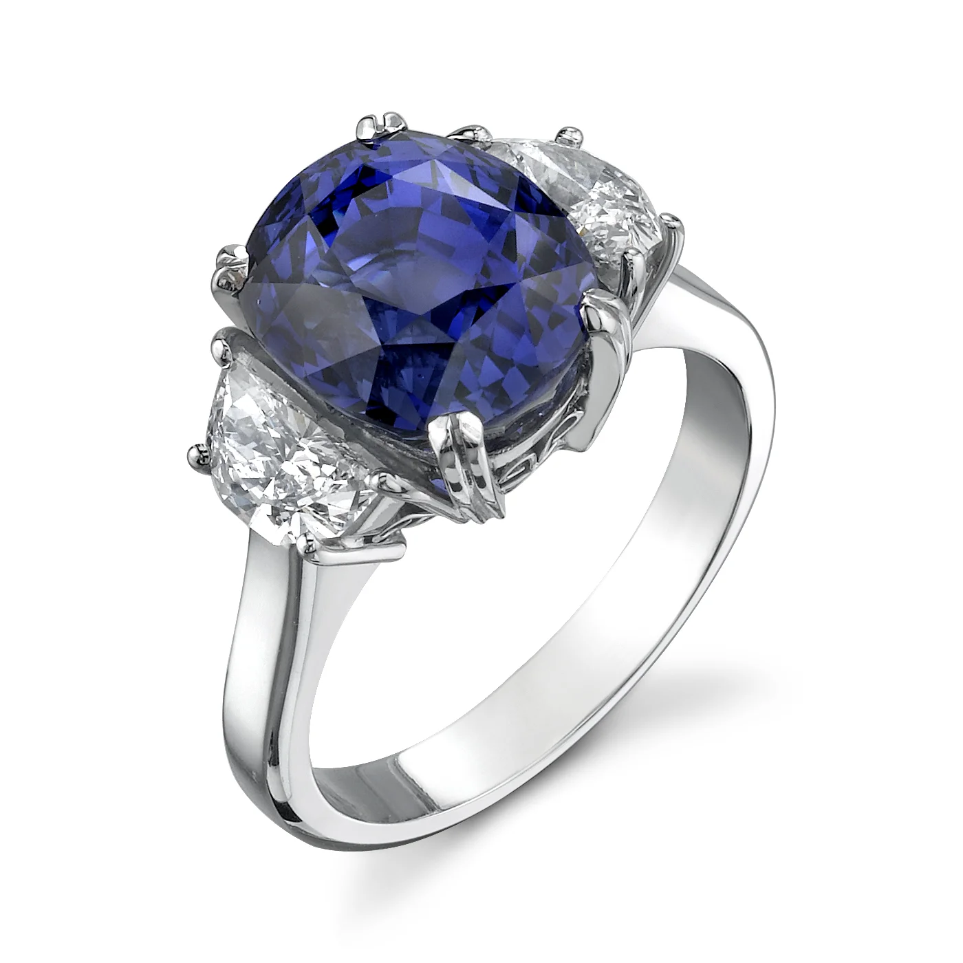 Platinum Sapphire Ring, accented with Half Moon Diamonds