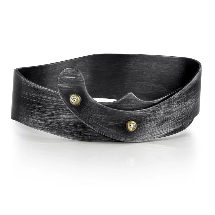 Organic Silver Cuff Bracelet, accented with Diamonds set in 18 Karat Yellow Gold