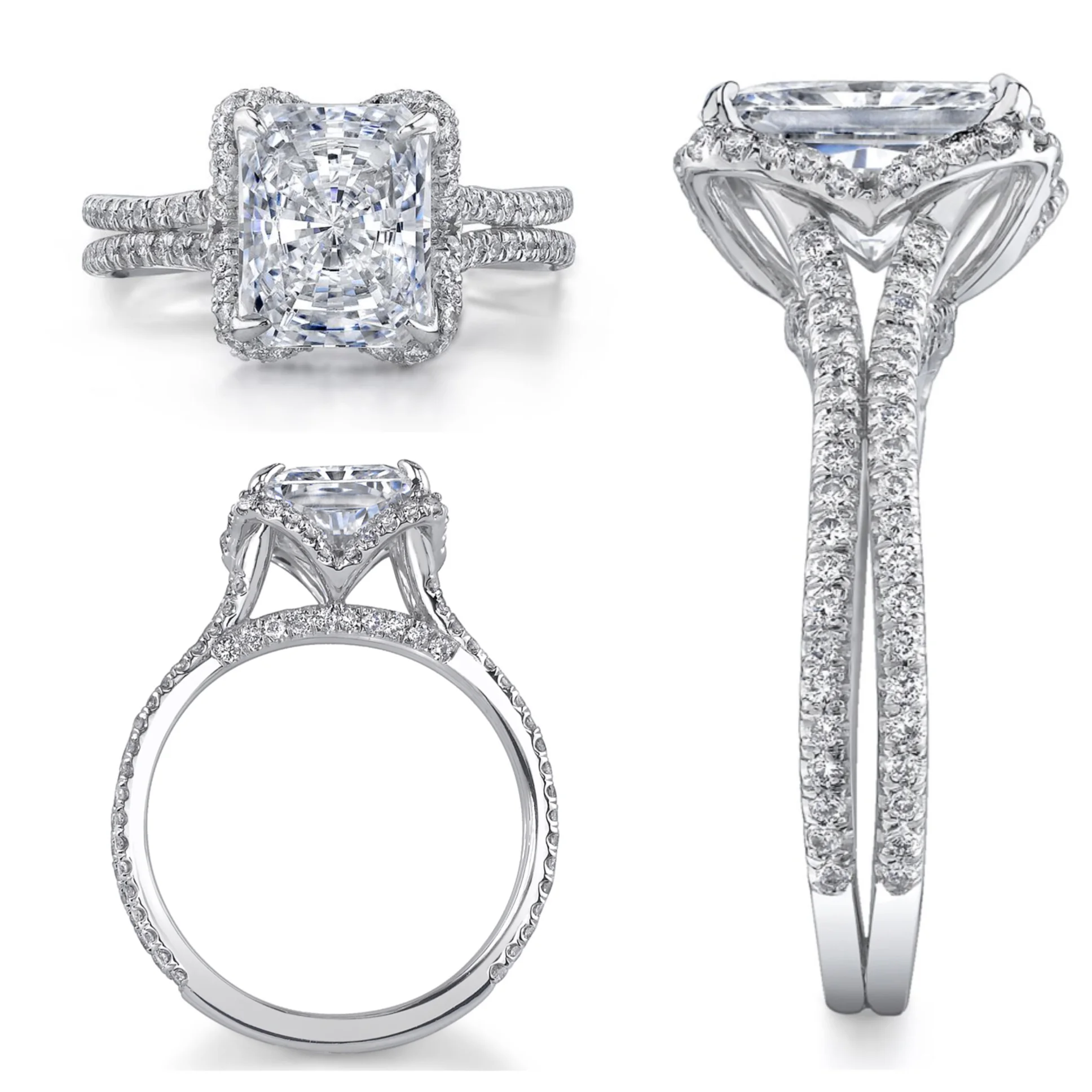 Platinum Radiant Cut Diamond Ring, accented with Micro Pavé Ideal Cut Diamonds