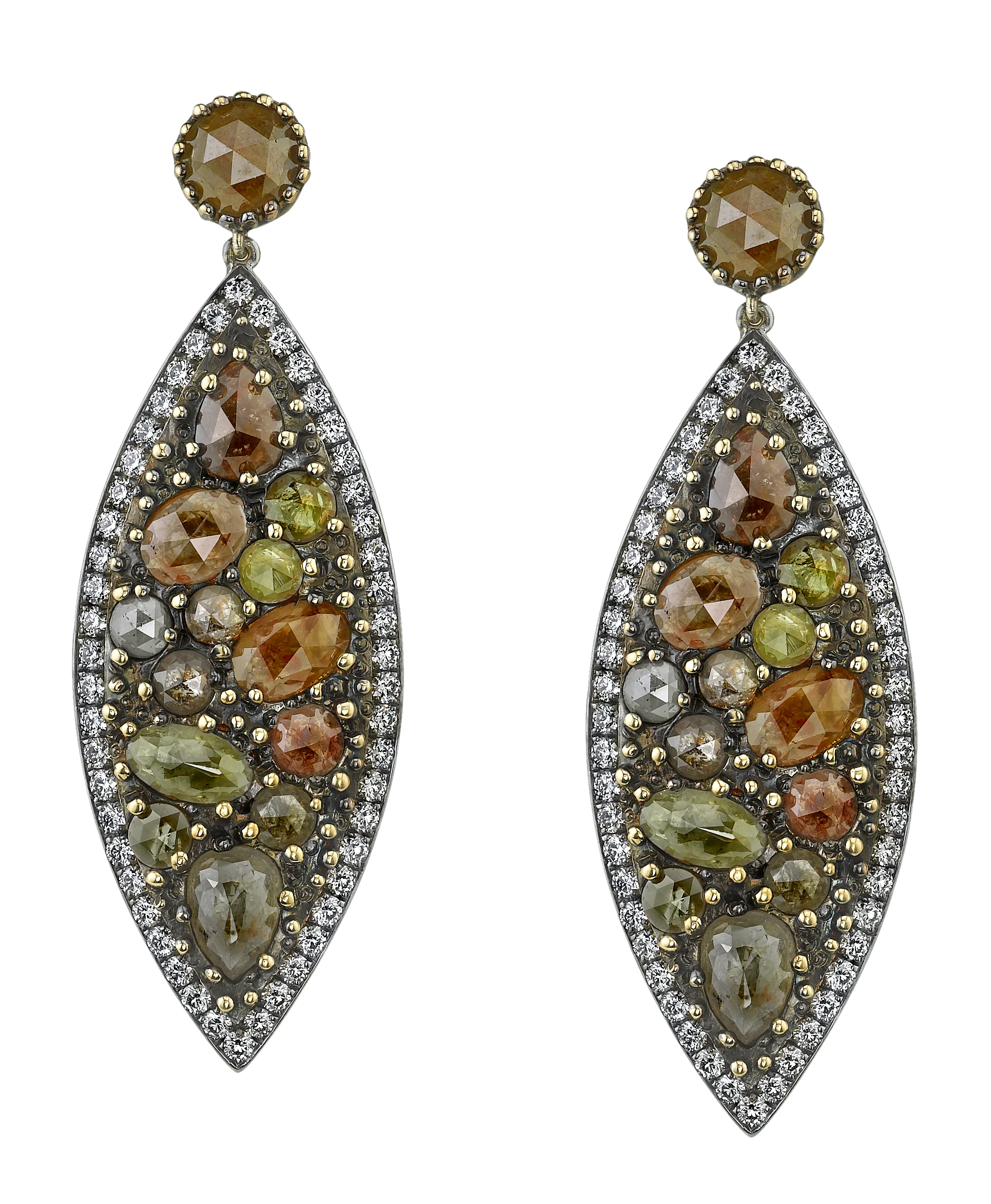 18 Karat Yellow Gold Rustic Diamond Earrings, accented with Diamonds