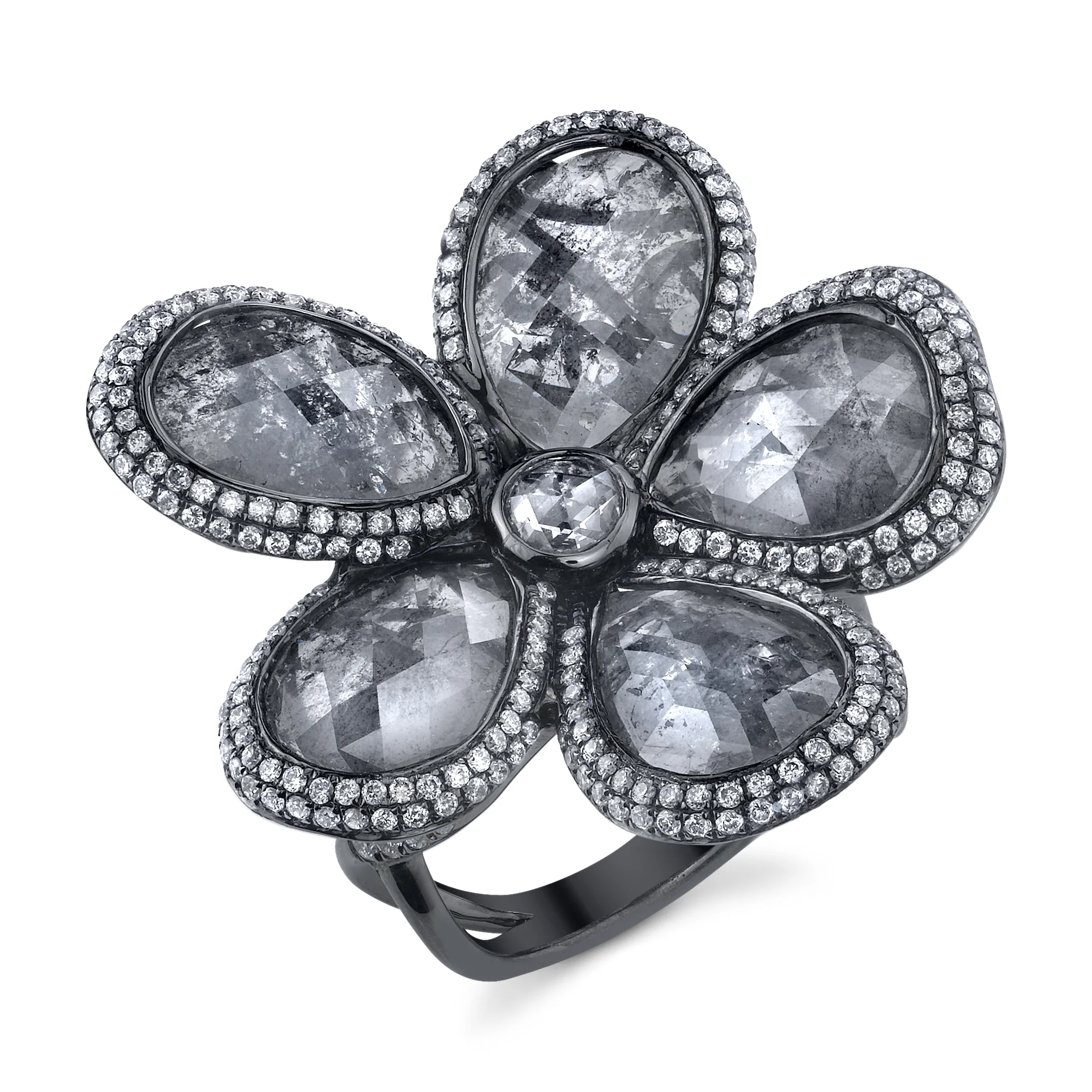 18 Karat White Gold and Rustic Diamond Slice Flower Ring, accented with Diamonds
