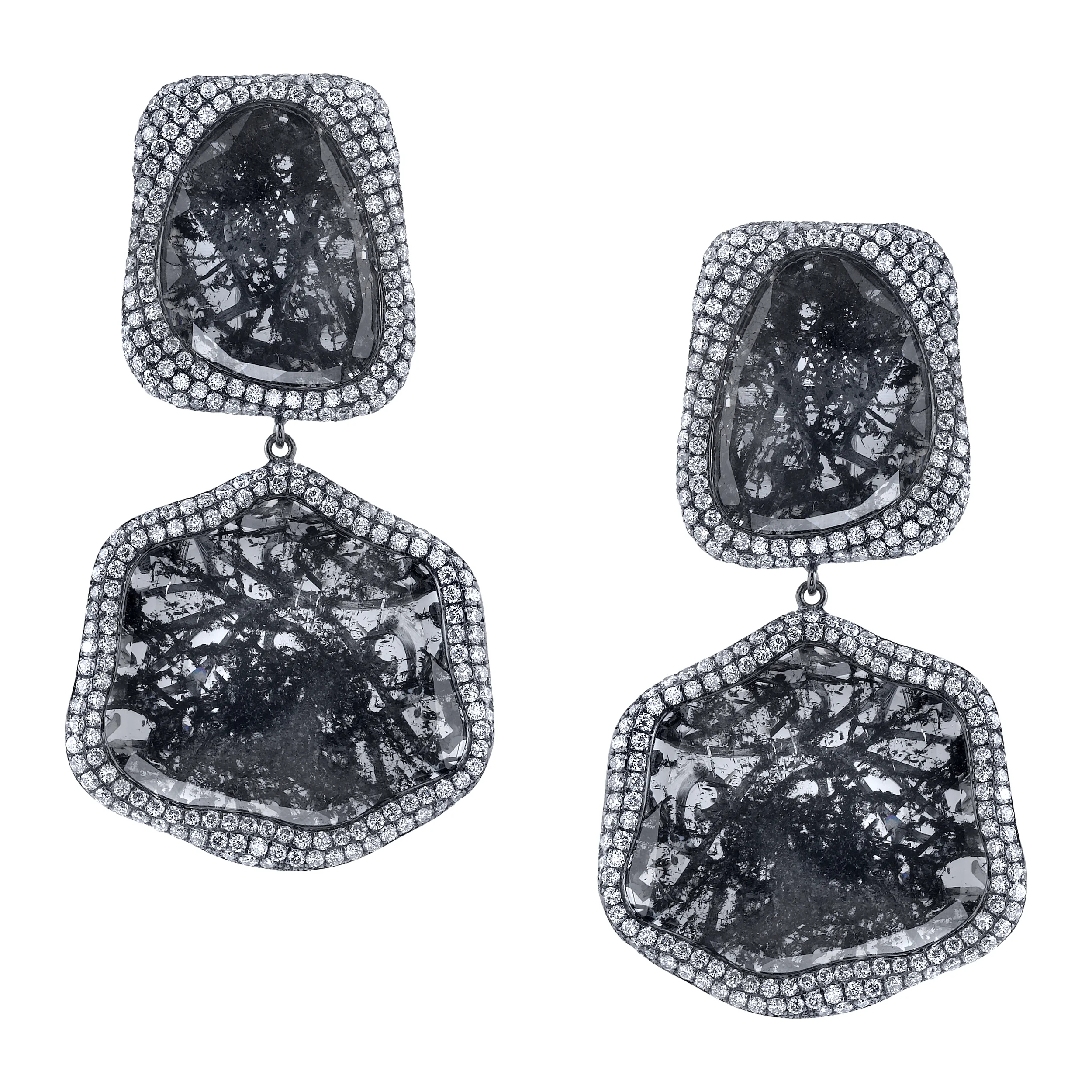 18 Karat White Gold Rustic Diamond Slice Earrings, accented with Diamonds