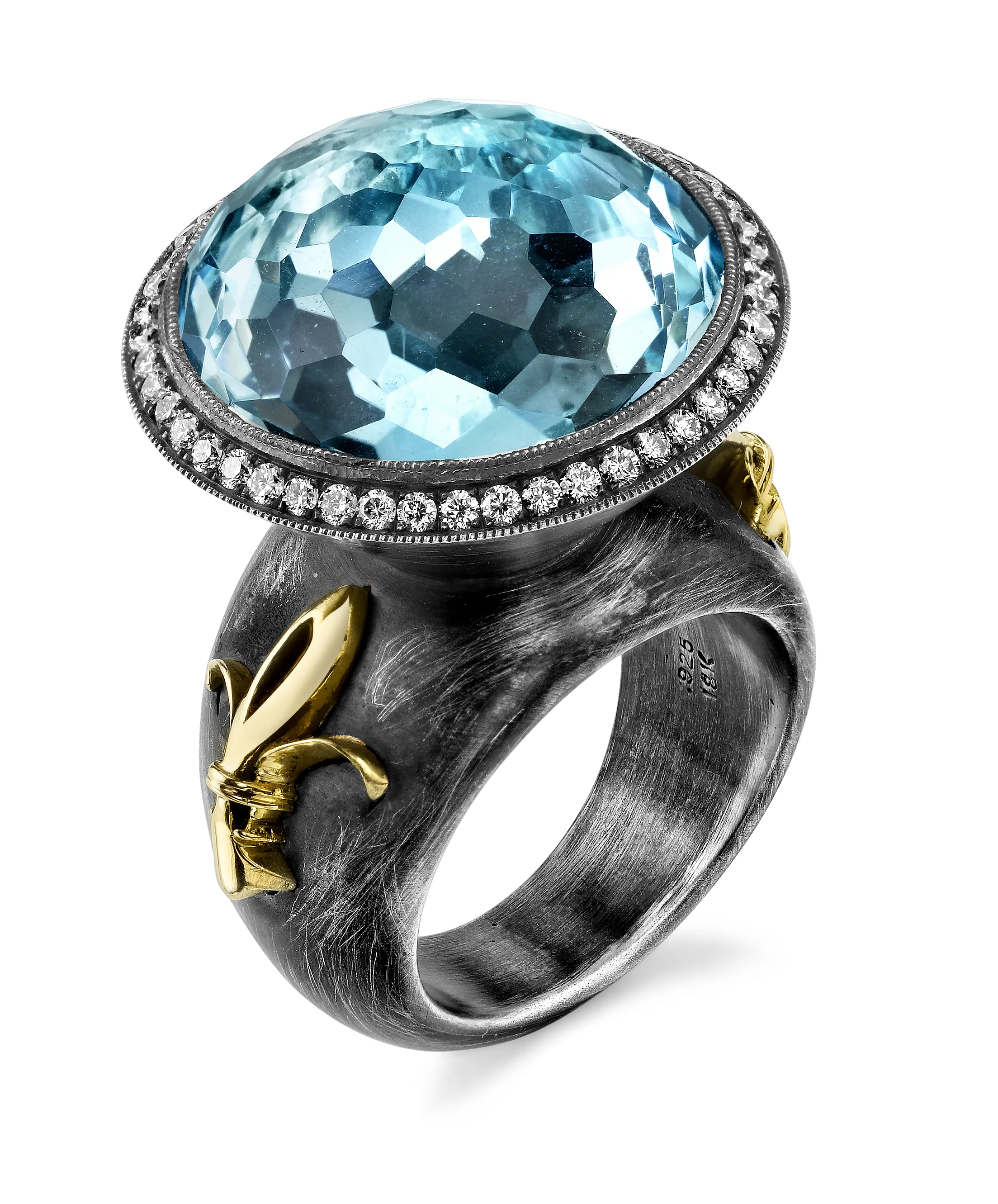 Organic Silver Fleur de Lis Ring with Blue Topaz and 18 Karat Yellow Gold