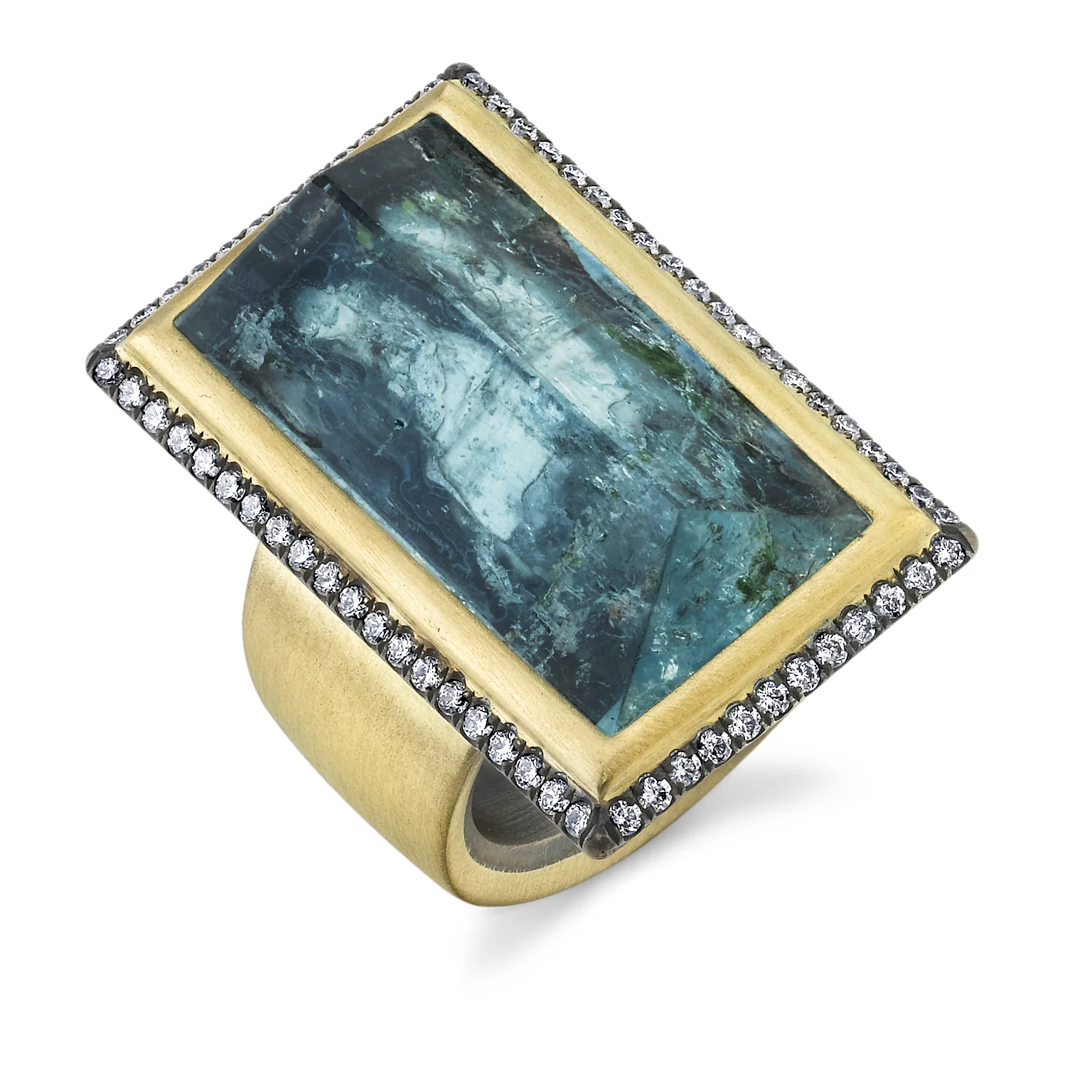 Organic Silver and 18 Karat Yellow Gold Ring, accented with Diamonds and Aquamarine