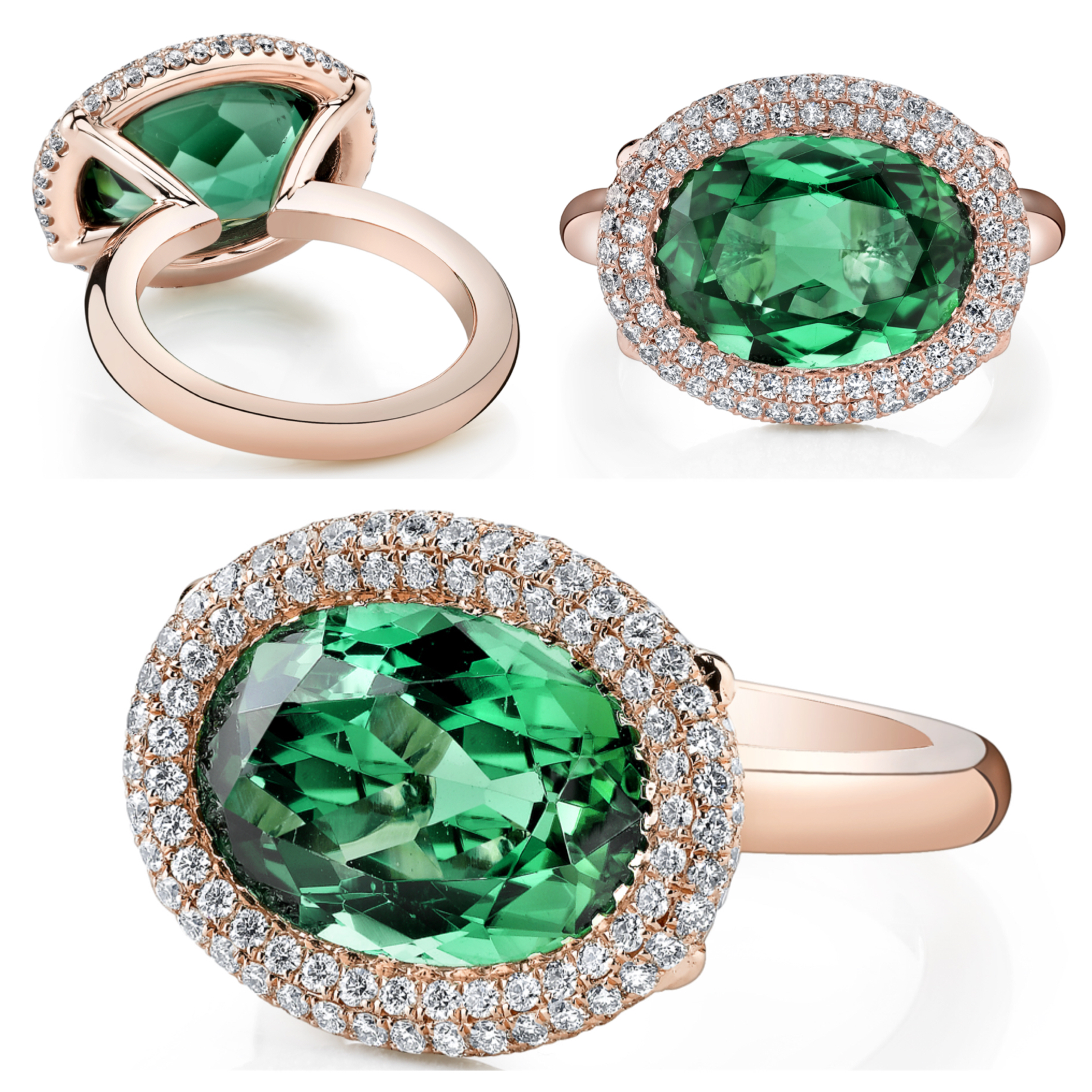 Green Tourmaline and 18 Karat Rose Gold Ring, accented with Micro Pavé Diamonds