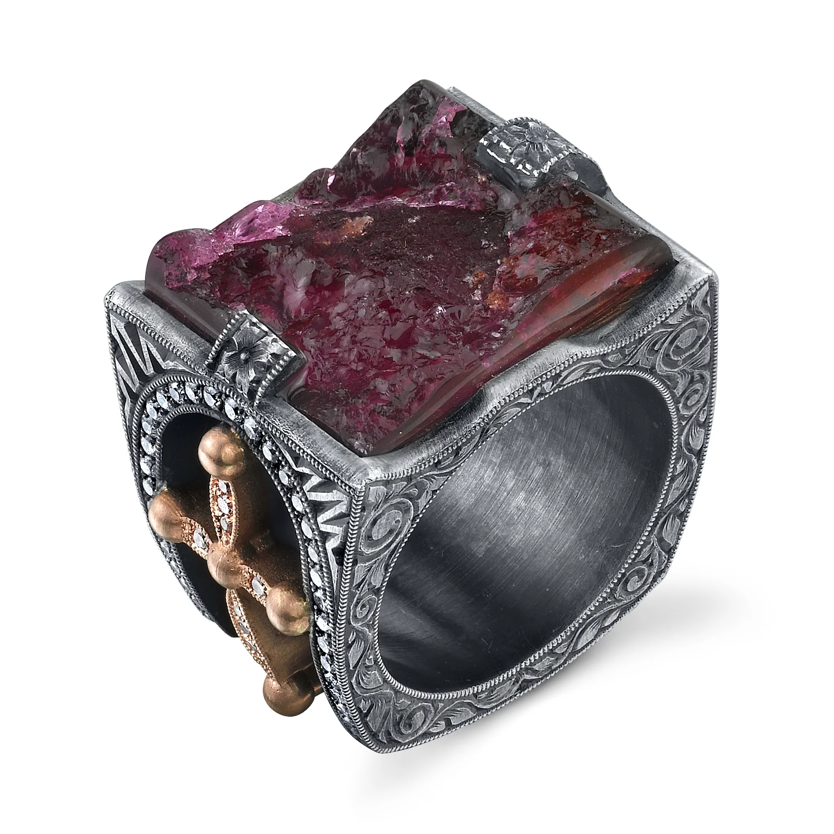 Organic Silver and 18 Karat Rose Gold Giza Ring, accented with Pink Diamonds and a Pink Tourmaline Center Stone