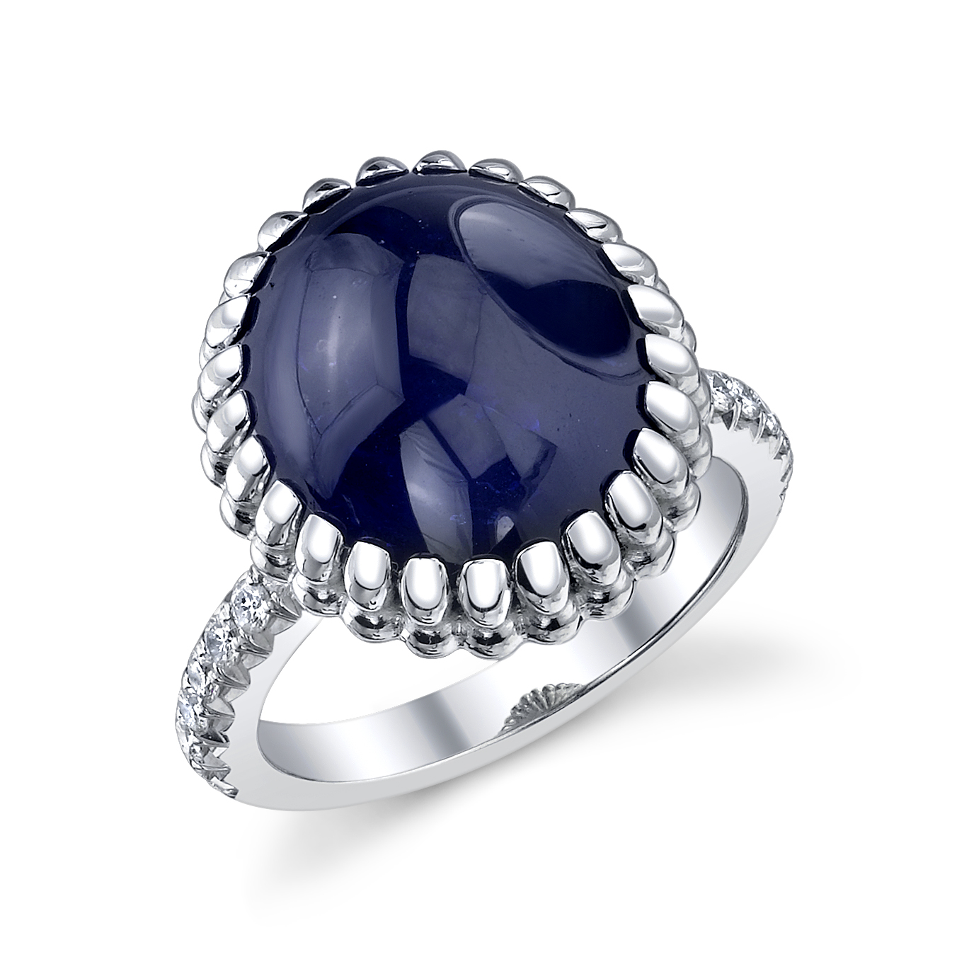 18 Karat White Gold and Natural Cabochon Sapphire Ring, accented with Diamonds