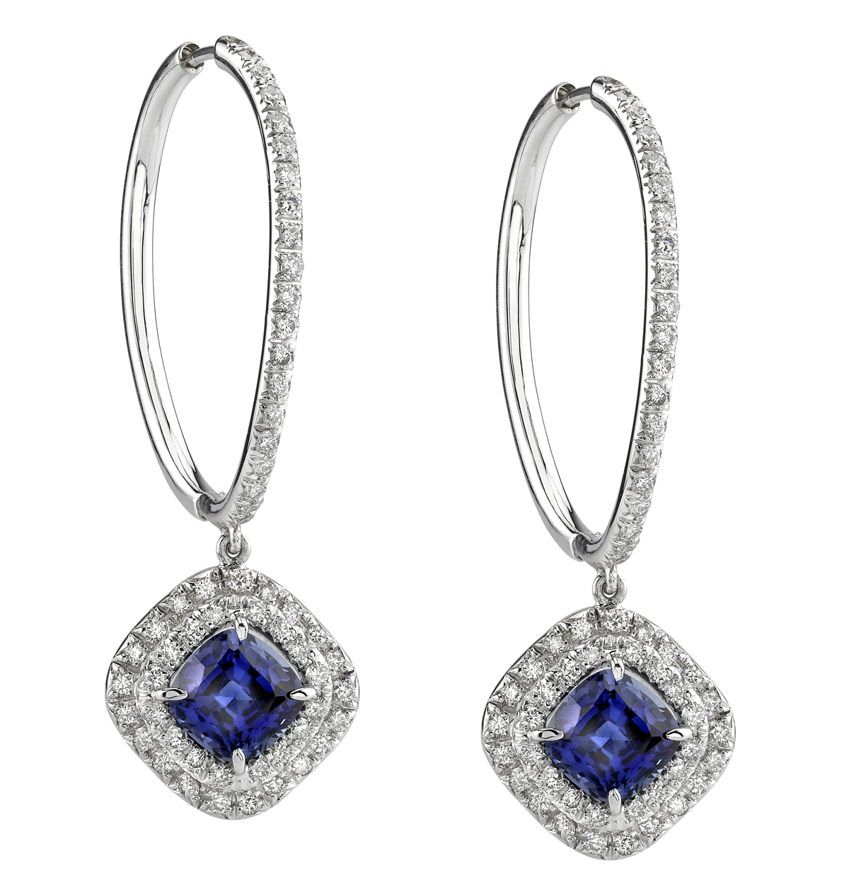 Platinum Cushion-Cut Sapphire Dangle Earrings, accented with Diamonds