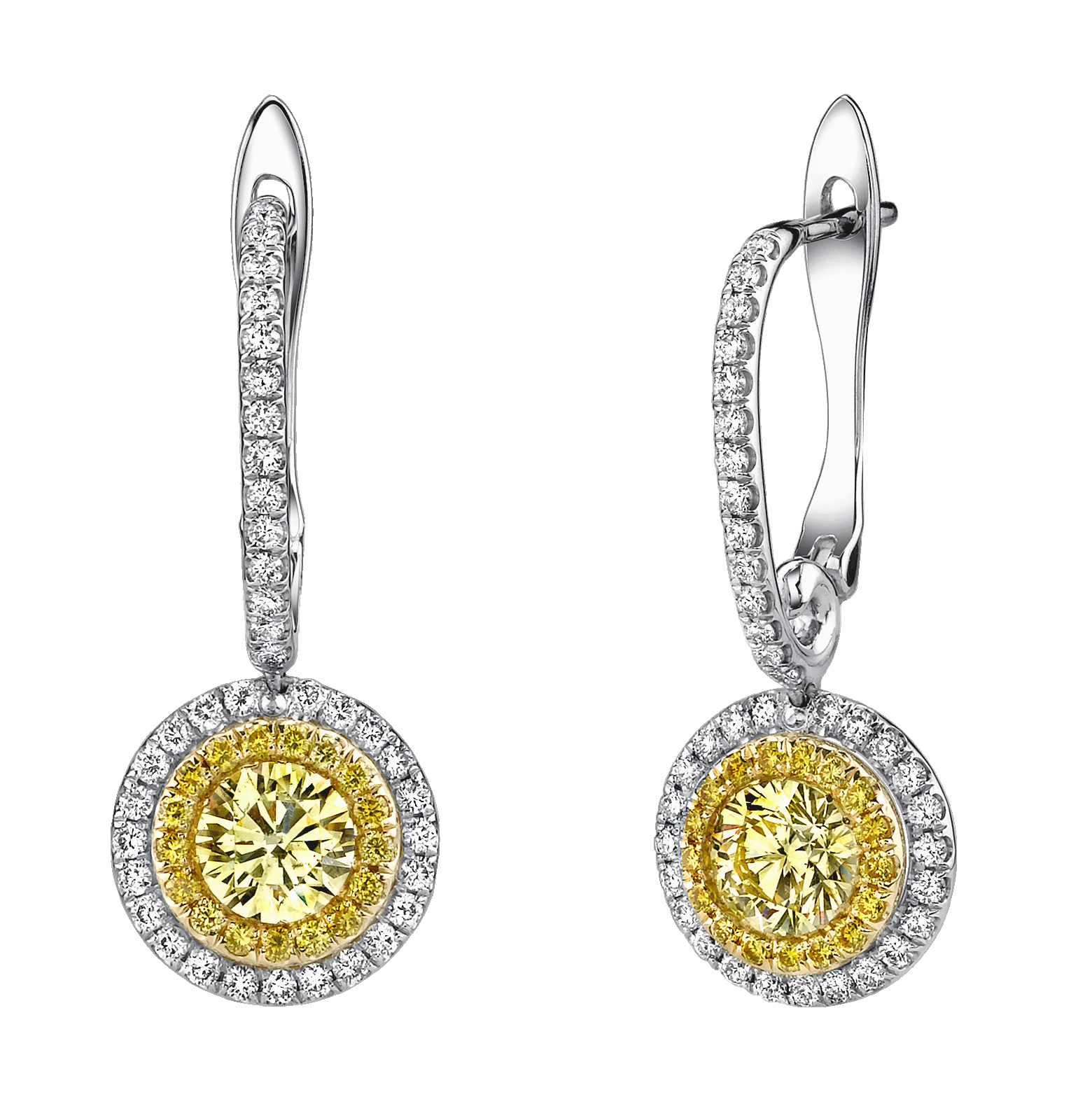 Fancy Yellow Diamond and Platinum Halo Earrings, accented with Vivid Yellow and White Diamonds