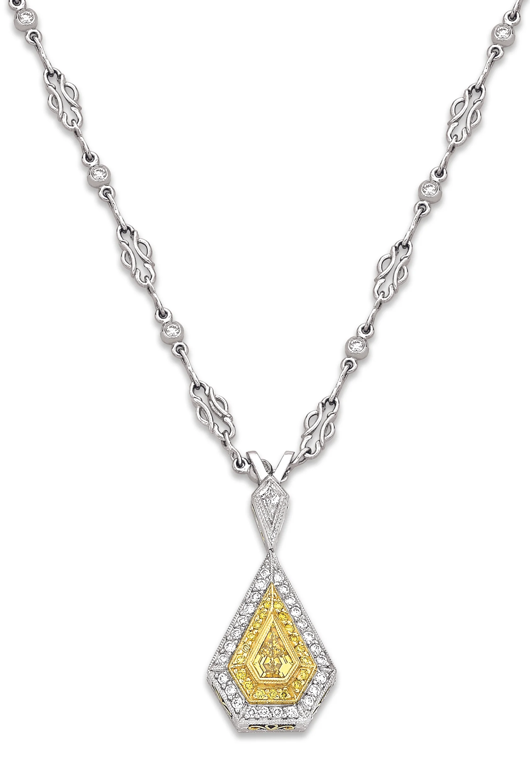 Fancy Yellow Diamond and Platinum Pendant accented with 18 Karat Yellow Gold, hanging from a Hand-Fabricated Platinum and Diamond Chain