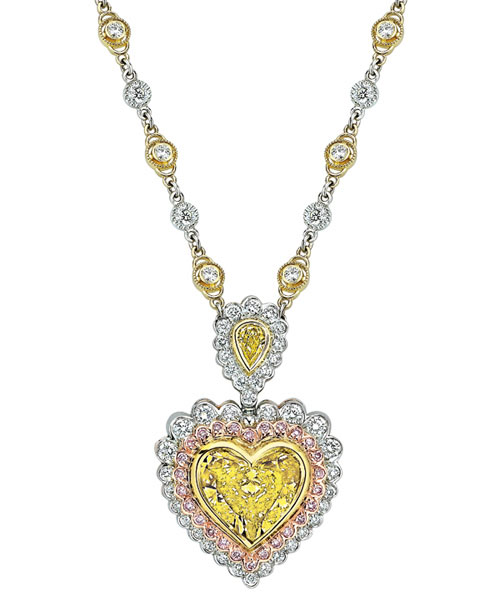 Fancy Yellow Heart Shape Diamond Pendant with 18 Karat Yellow Gold, accented with Natural Pink Diamonds