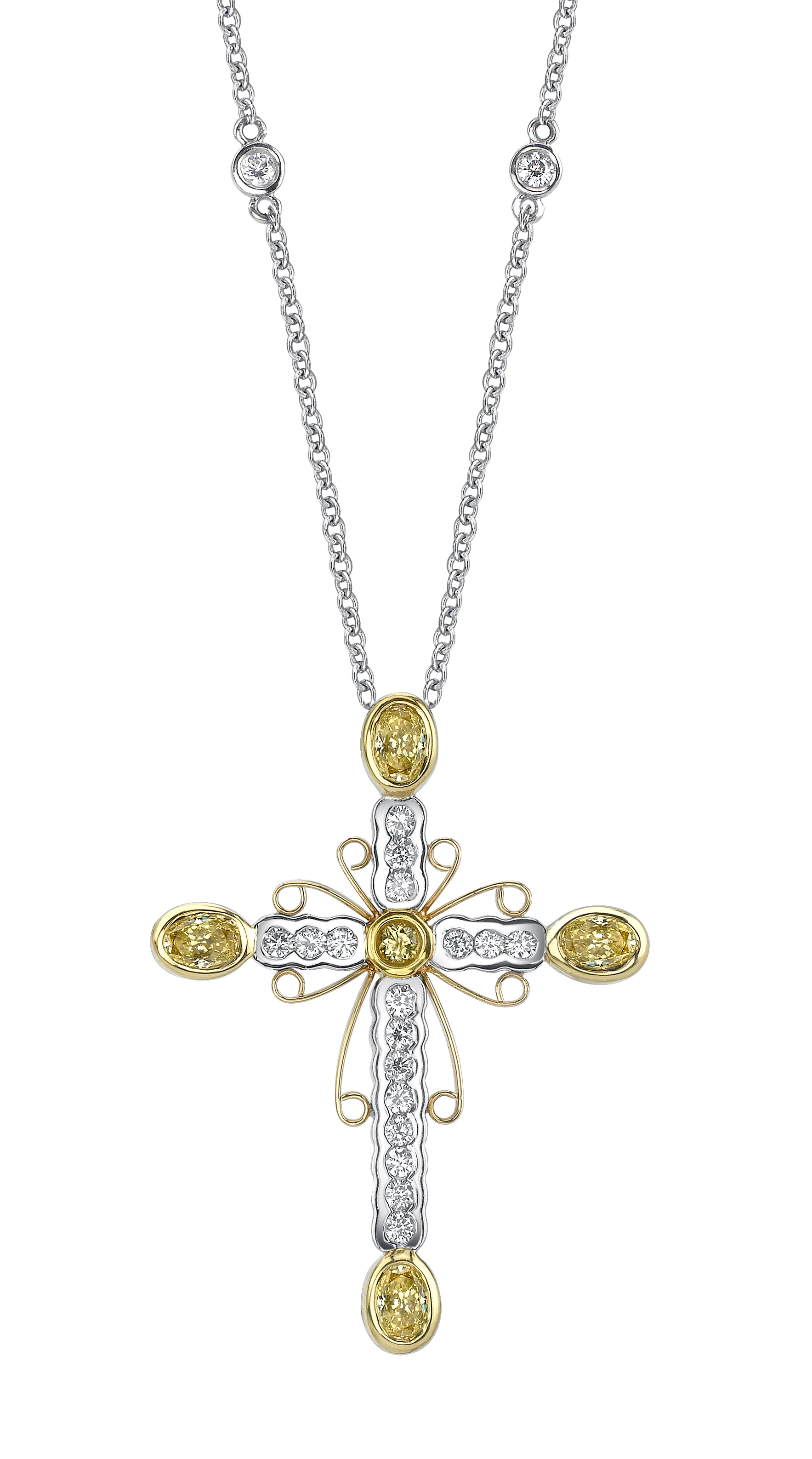 Platinum Pendant with Yellow Diamonds and 18 Karat Yellow Gold Filagree, accented with Diamonds