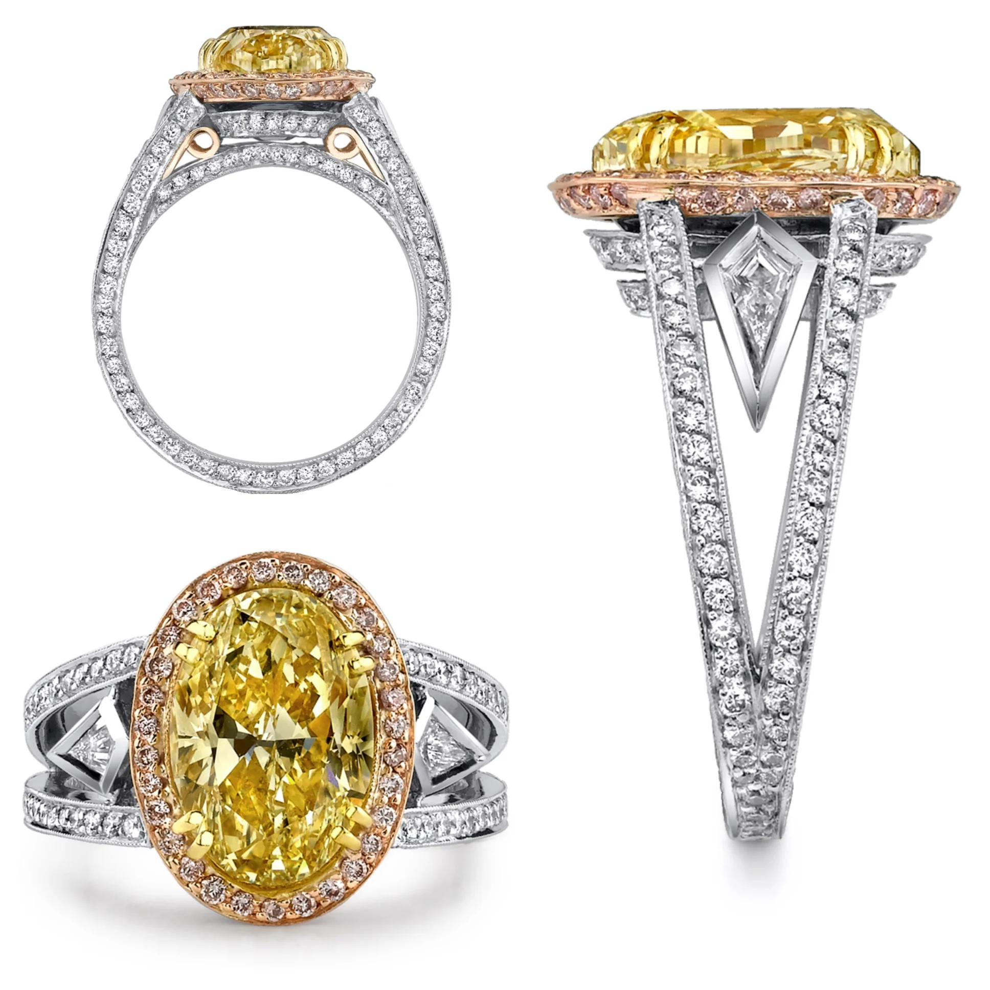 Fancy Oval Diamond Ring, accented with a halo of Natural Pink Diamonds set in 18 Karat Rose Gold and Kite-Shaped Side Stones