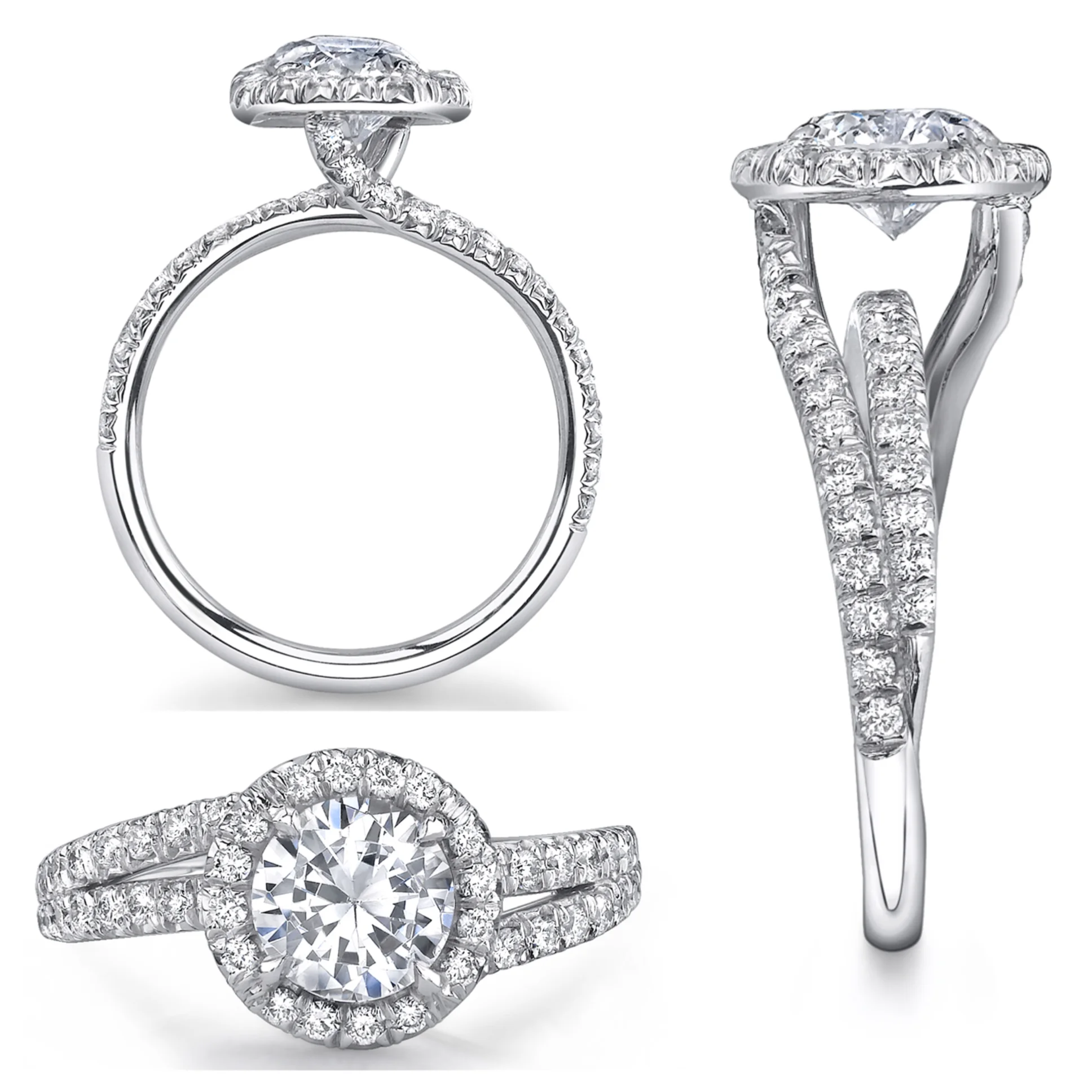 Platinum Round Brilliant Cut Diamond Ring, accented with Ideal Cut Micro Pave Diamonds