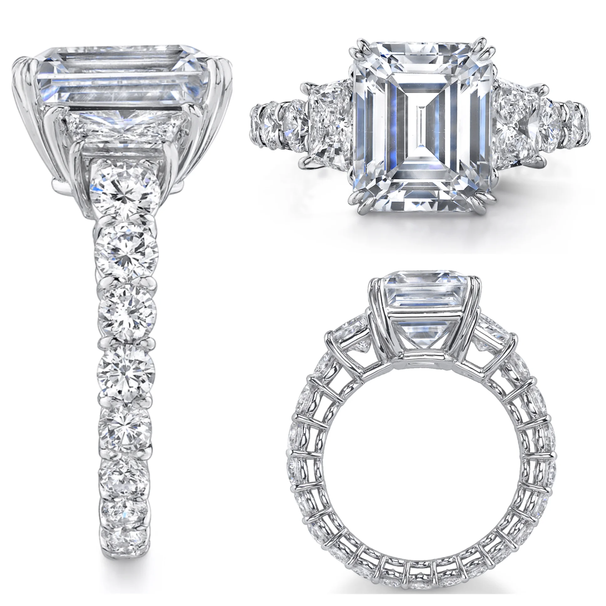 Platinum Diamond Ring, Emerald Cut Center Stone accented w/ Two Radiant Cut Side Stones and Round Ideal Cut Diamonds