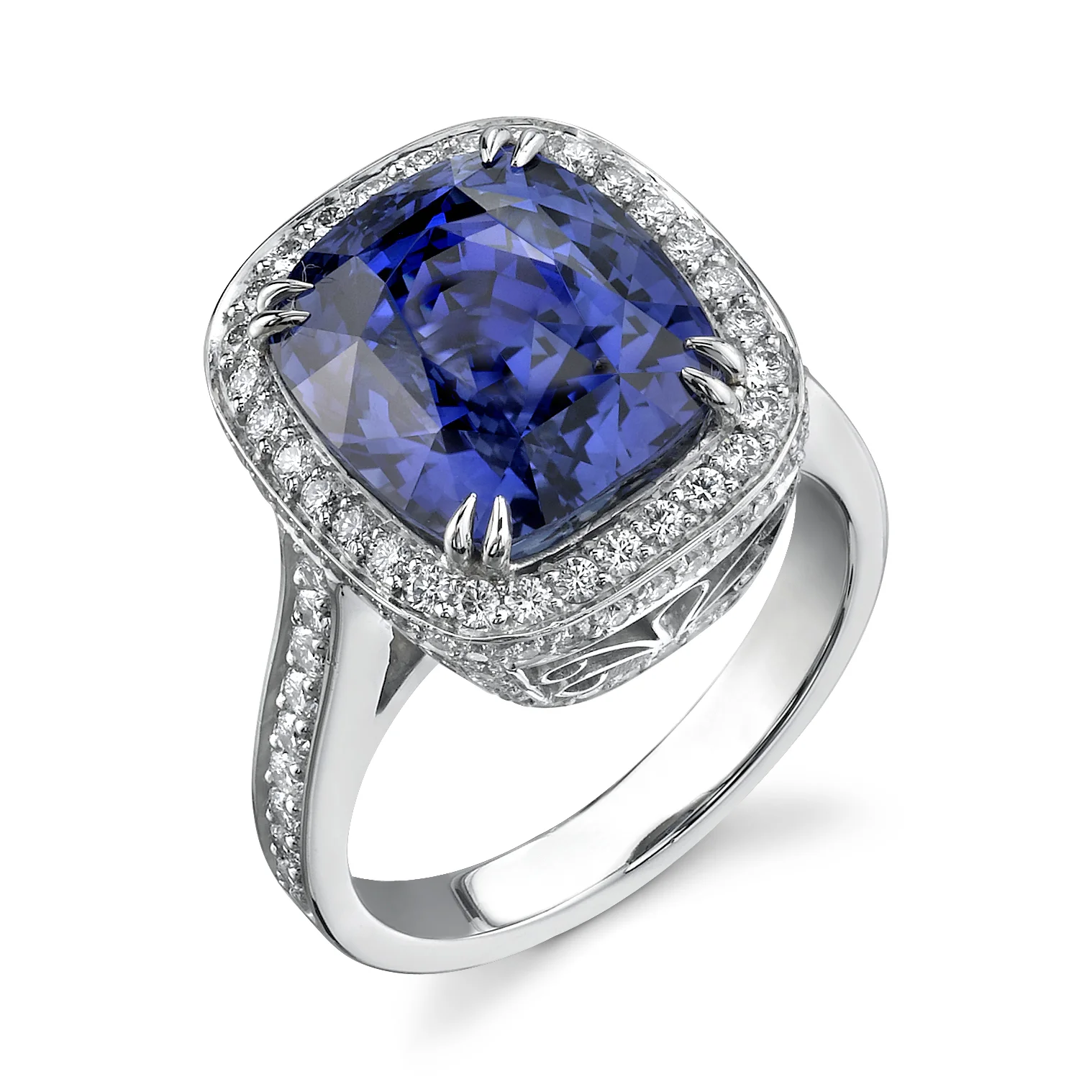 Platinum and Cushion-Cut Sapphire Ring, framed with Diamonds