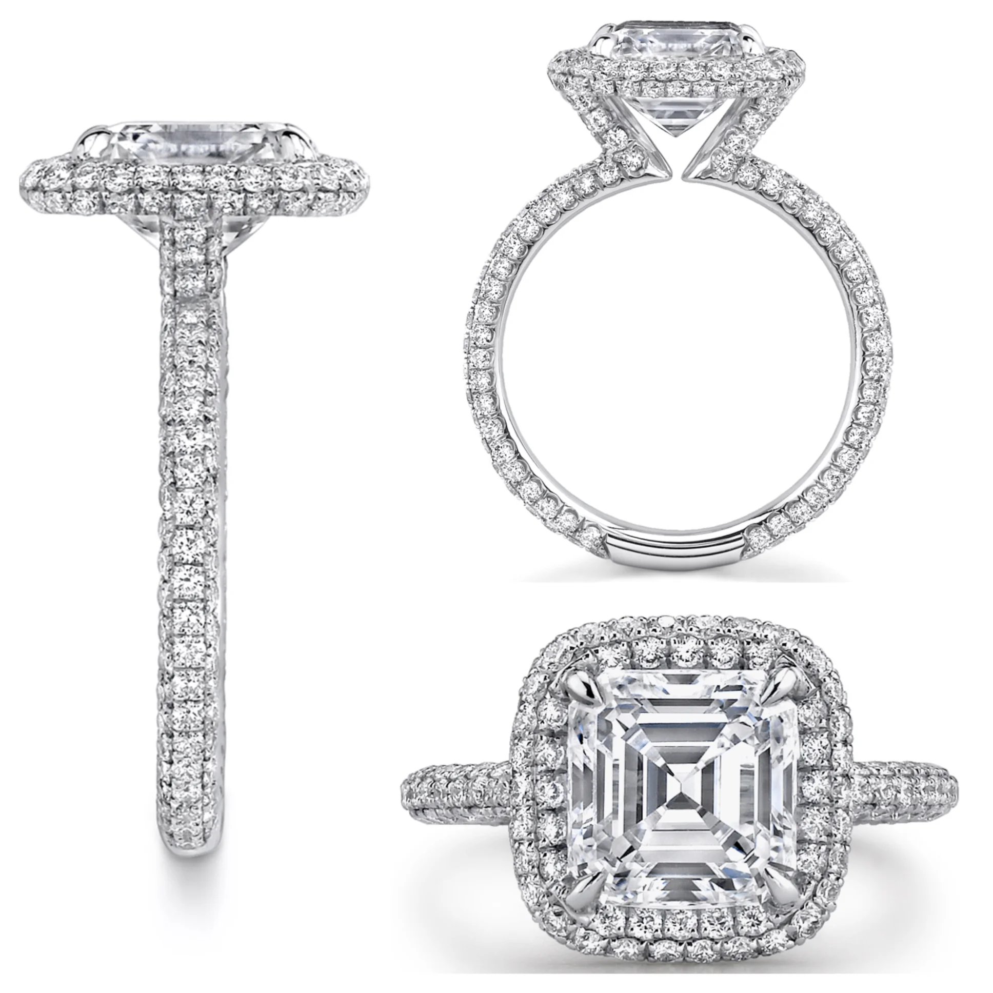 Platinum Tri Halo Ring with a Ascher Cut Center Stone Suspended by a Triple Row of Micro Pave Ideal Cut Diamonds
