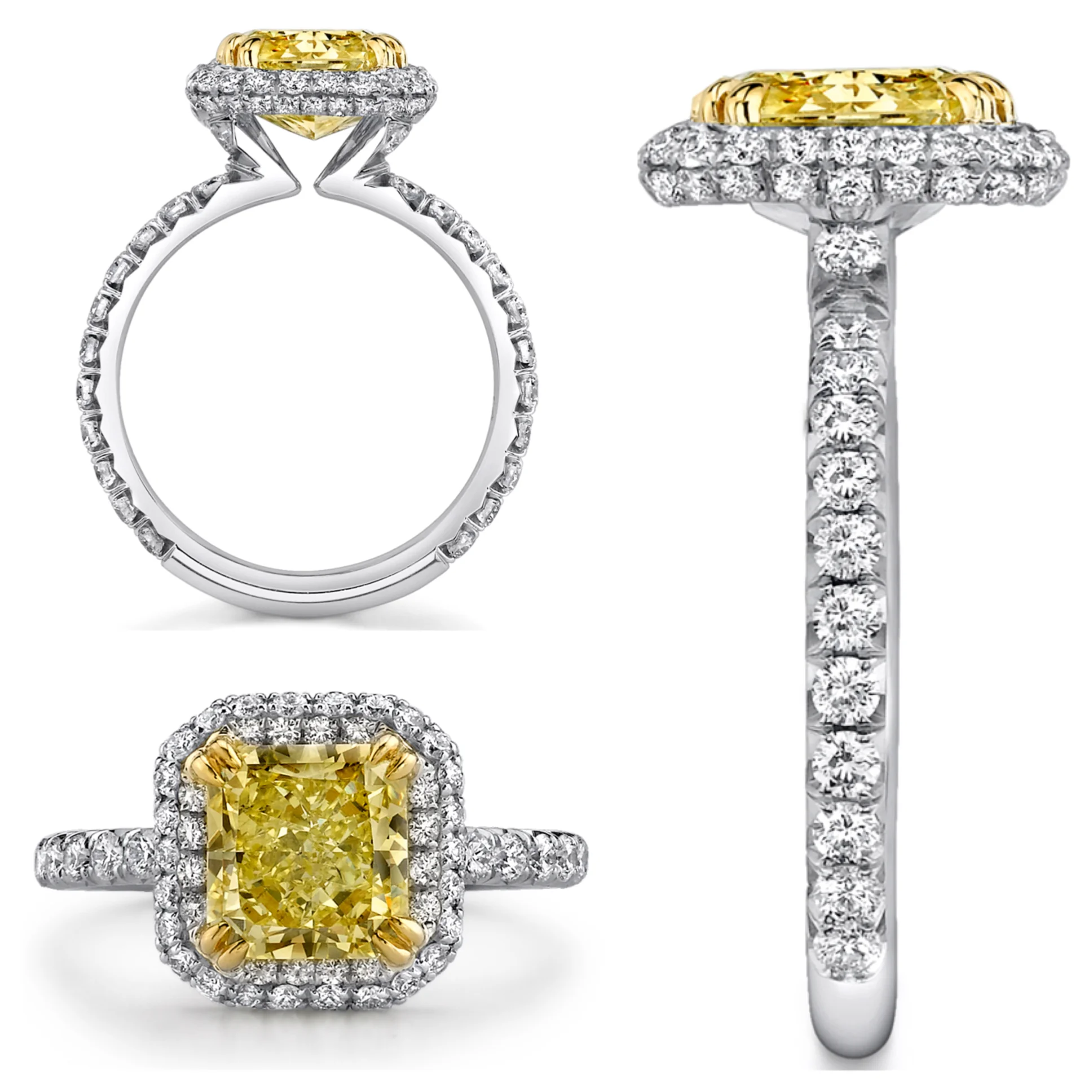 Canary Yellow Diamond and Platinum with a Hearts and Arrows Ideal-Cut Center Stone, accented with Ideal Cut Diamonds
