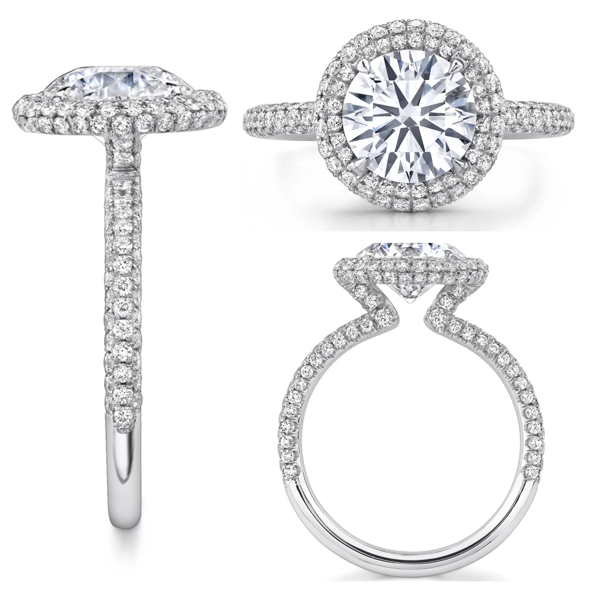 Platinum Tri Halo Ring with a Round Brilliant Center Stone Suspended by a Triple Row of Micro Pave Ideal Cut Diamonds