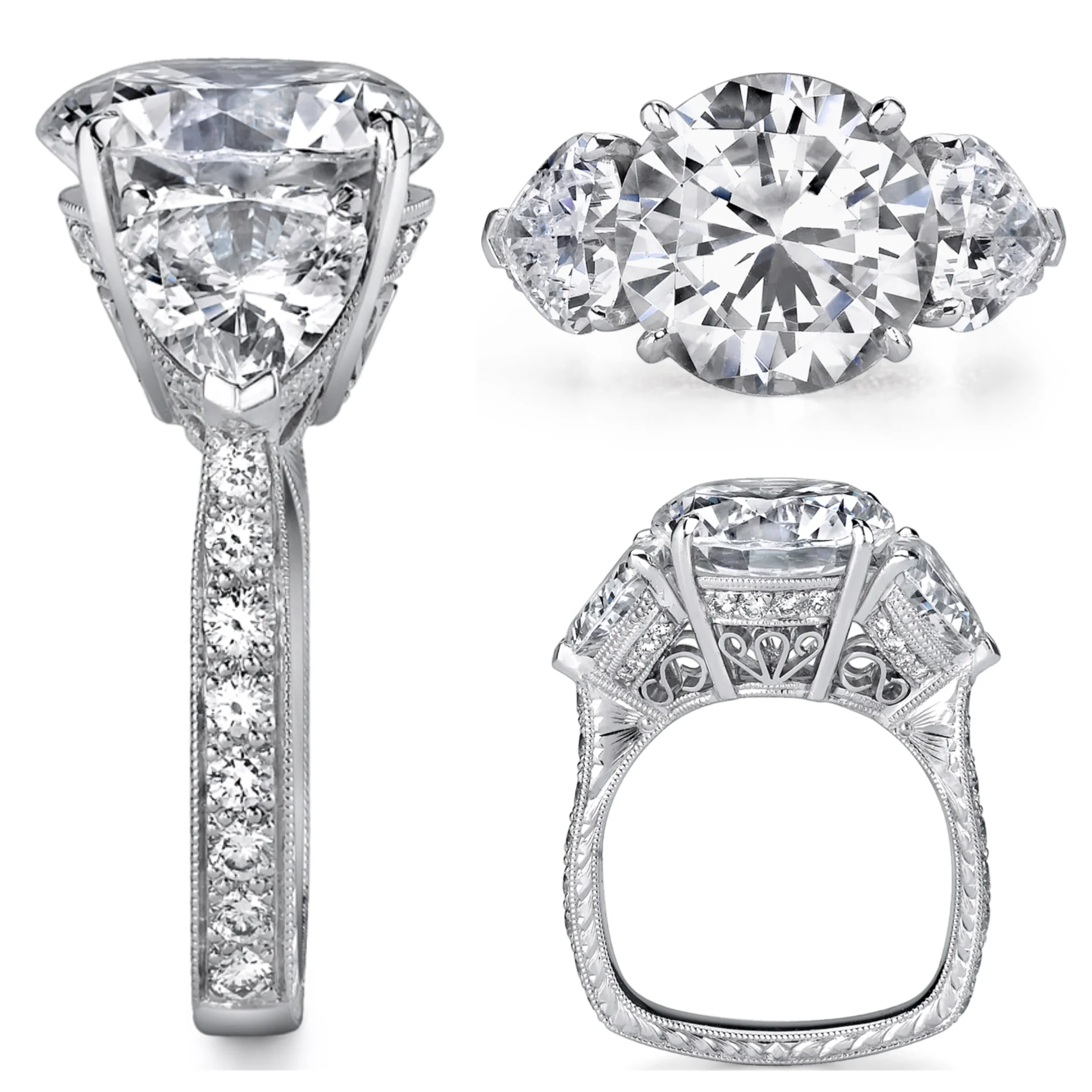 Platinum Diamond Ring, Round Brilliant Center Stone w/ Heart-Shaped Side Stones and accented with Ideal Cut Diamonds
