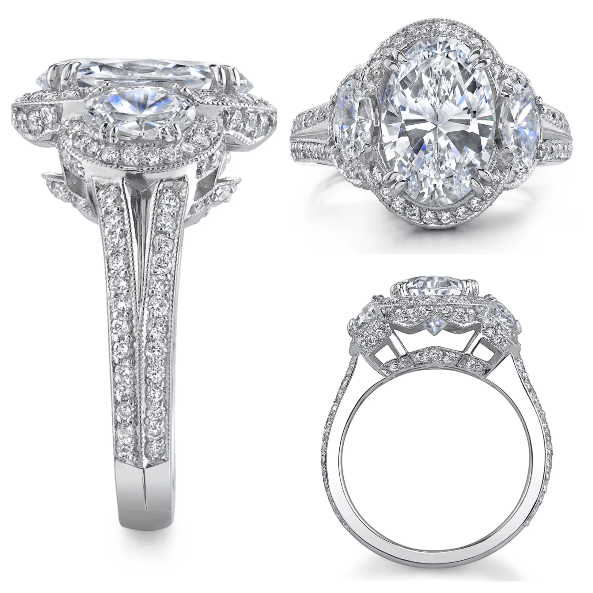 Platinum Diamond Ring with an Oval Center Stone framed in Ideal Cut Diamonds and accented with Matching Oval Side Stones