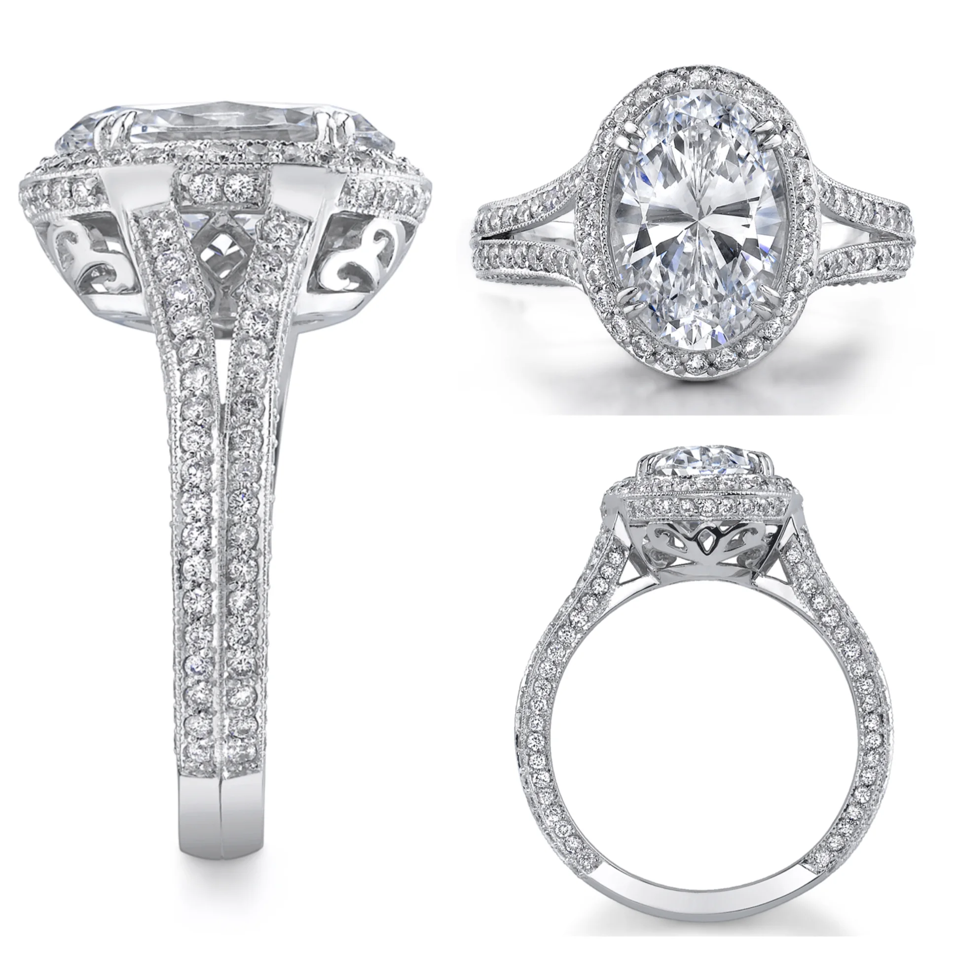 Platinum Diamond Ring with an Oval Center Stone framed in Ideal Cut Diamonds