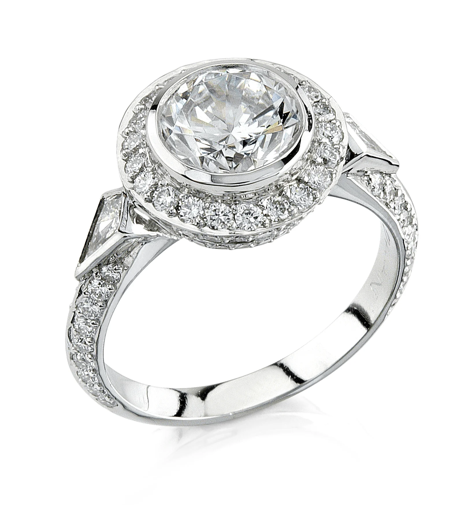 Round Brilliant Platinum Diamond Ring with a Center Stone Framed in Ideal Cut Diamonds and Kite Shaped Side Stones