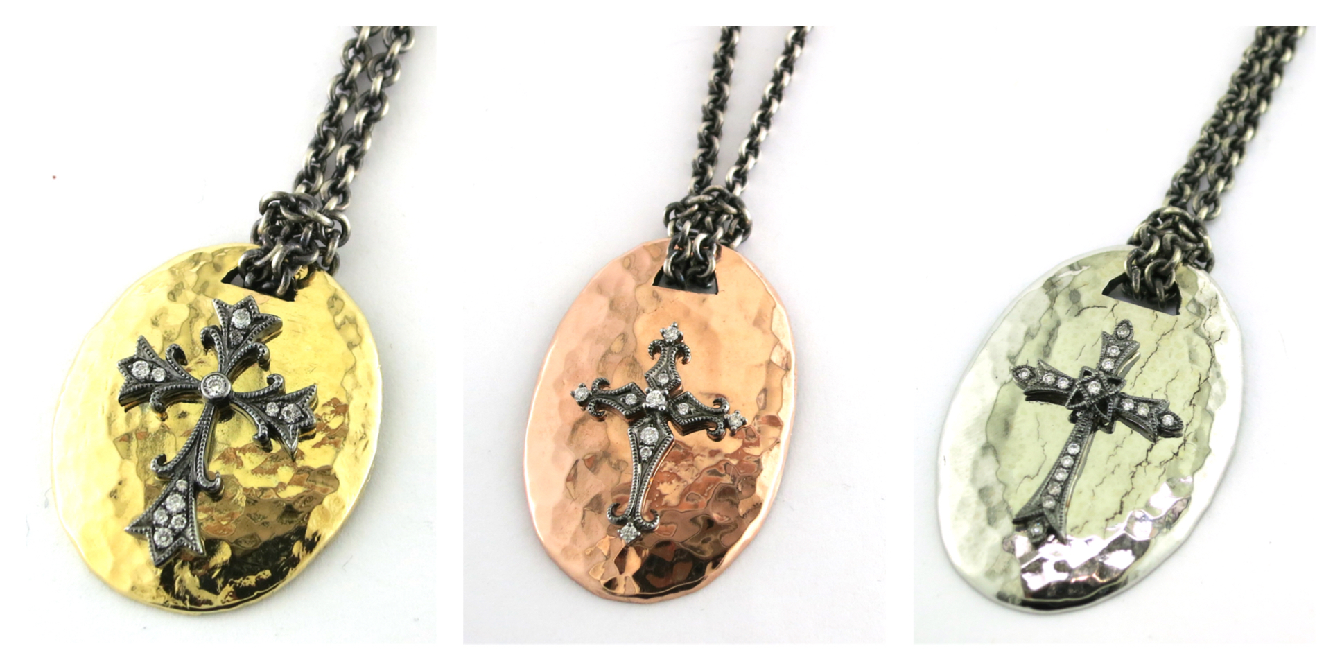 Organic Silver Pendants accented with Diamonds and 18 Karat White Gold, available in 18 Karat Yellow Gold, 18 Karat Rose Gold, and 18 Karat White Gold. Organic Silver Chain.