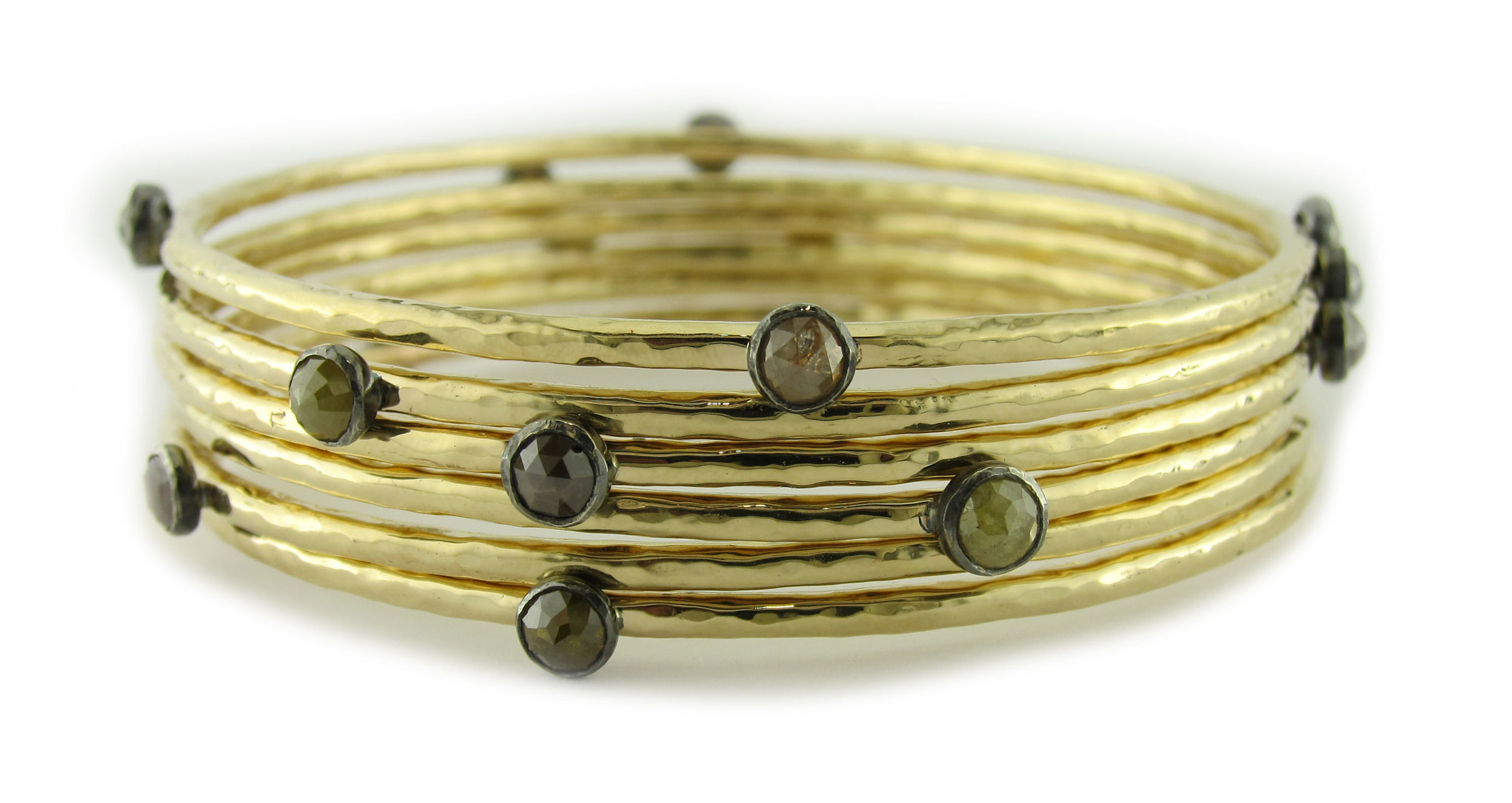 18 Karat Yellow Gold Rustic Diamond Bangle Bracelets
