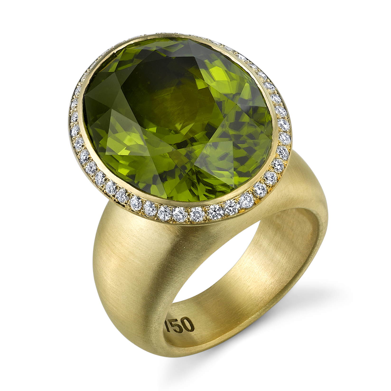 18 Karat Yellow Gold Peridot Cone Ring, accented with Diamonds