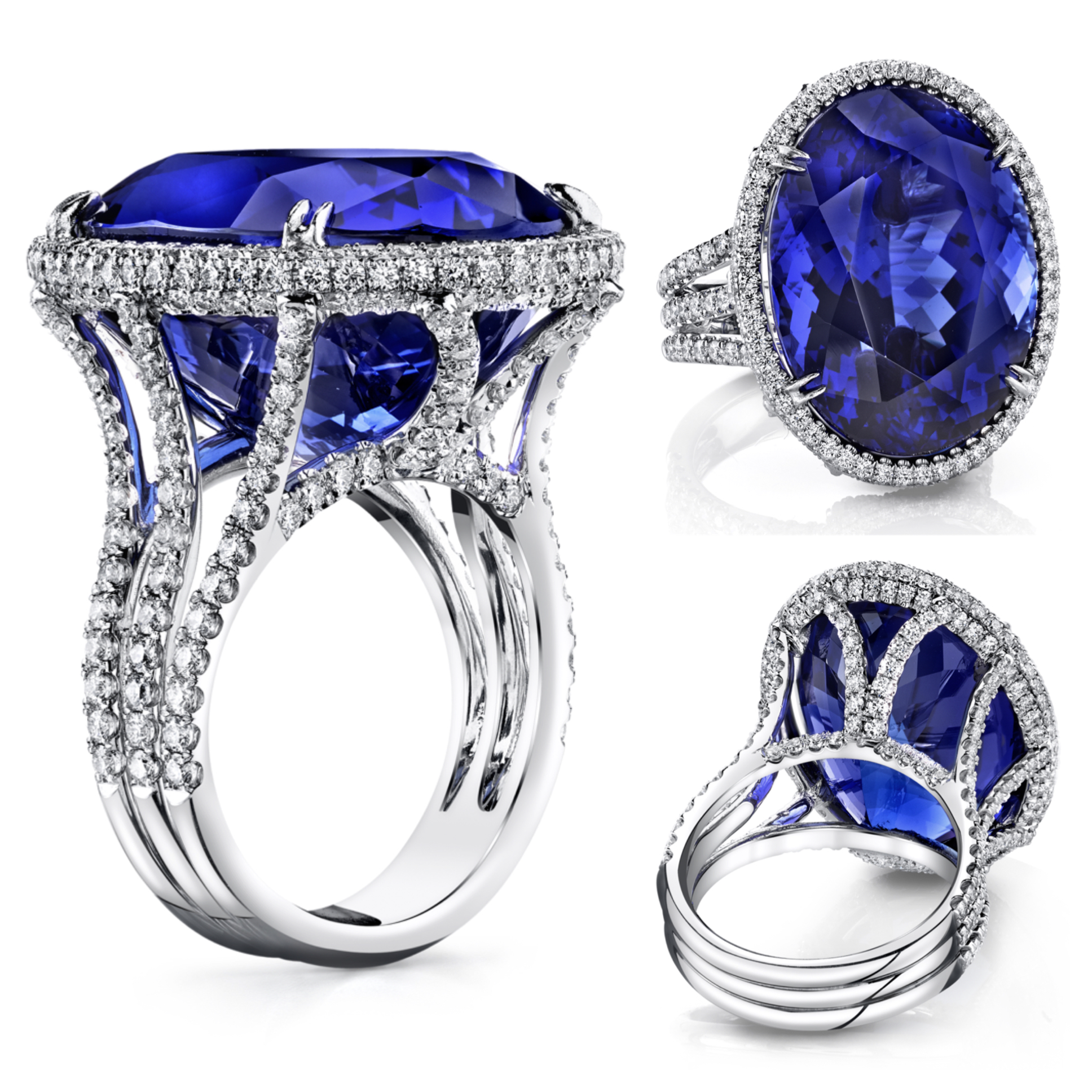 18 Karat White Gold and Tanzanite Ring, accented with Ideal Cut Diamonds