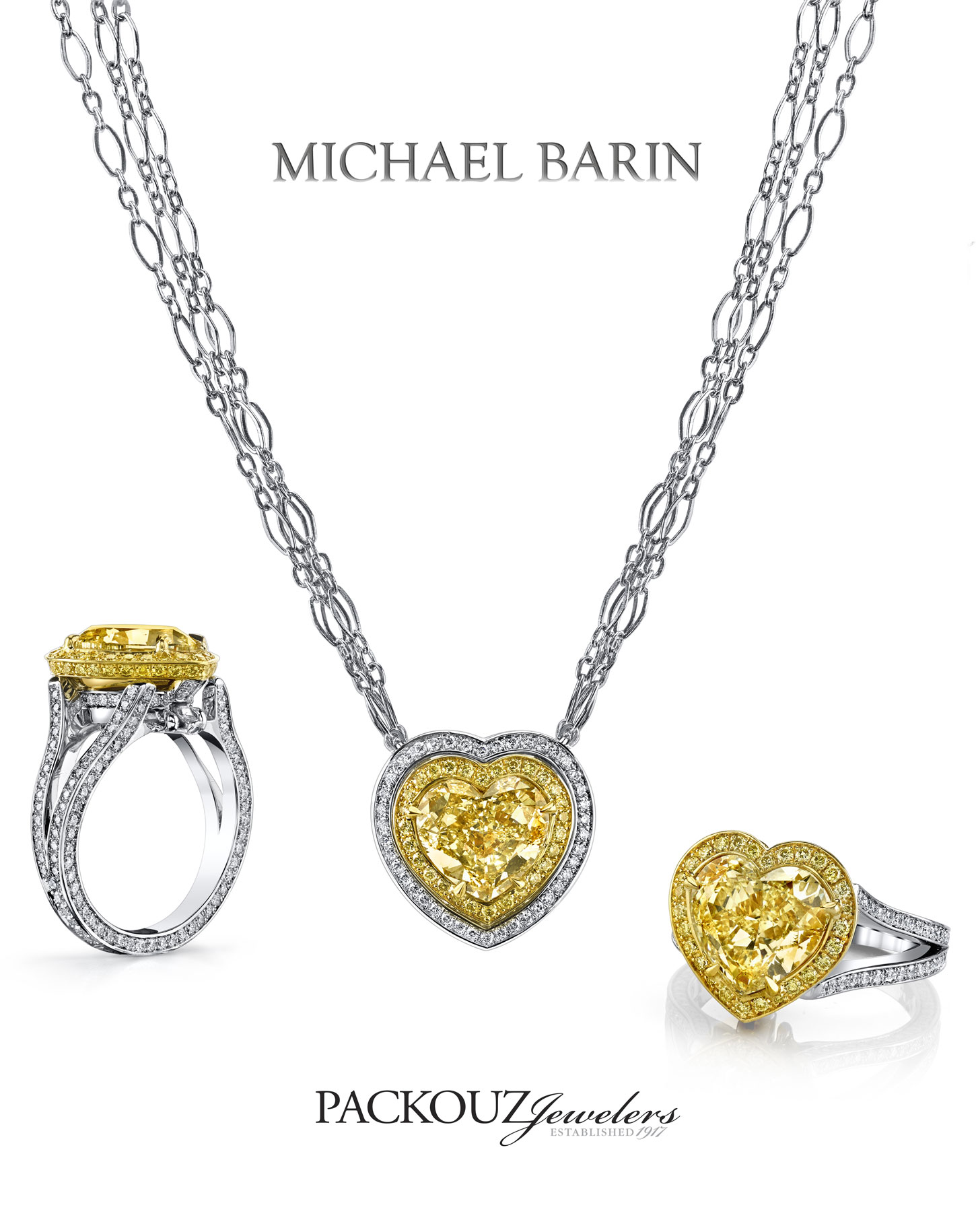 Platinum and Heart-Shaped Yellow Diamond Ring with Matching Pendant