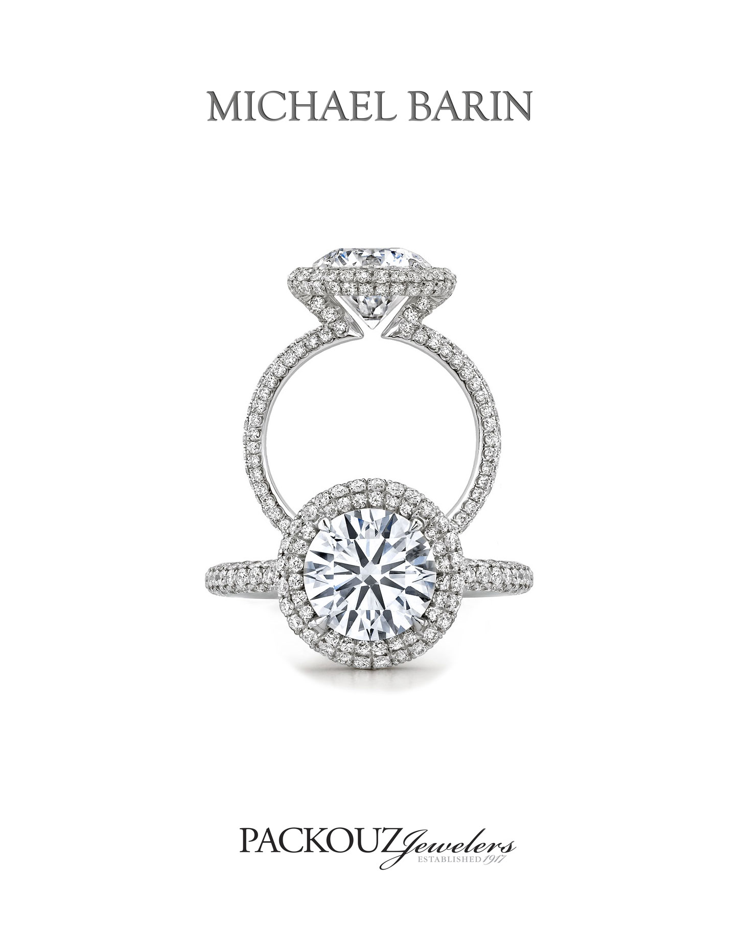 Platinum Tri Halo Ring with a Round Brilliant Center Stone Suspended by a Triple Row of Micro Pavé Ideal Cut Diamonds