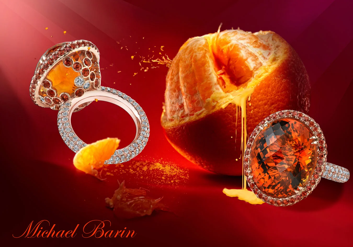 Mandarin Orange Citrine and 18 Karat Rose Gold Ring, accented with Diamonds and Sapphires