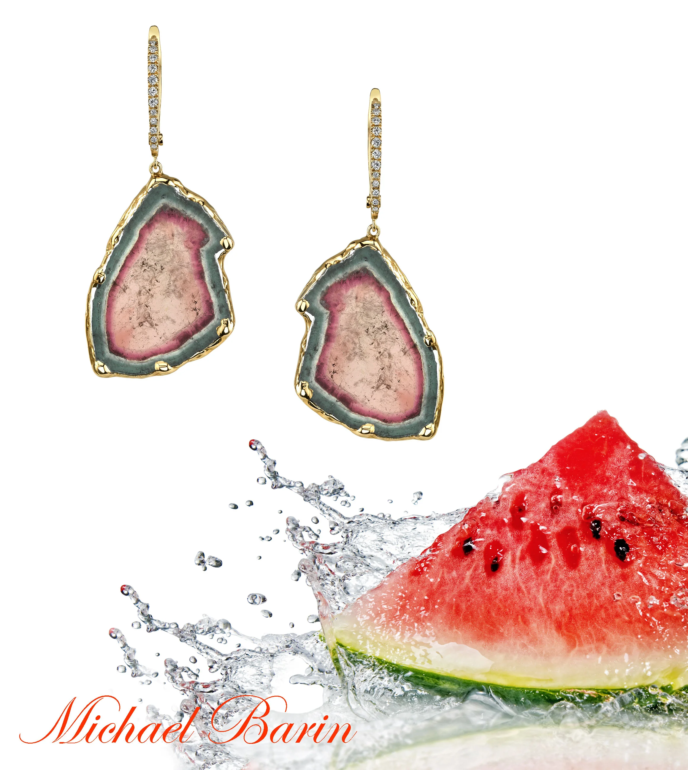 Watermelon Tourmaline Slice and 18 Karat Rose Gold Earrings, accented with Diamonds