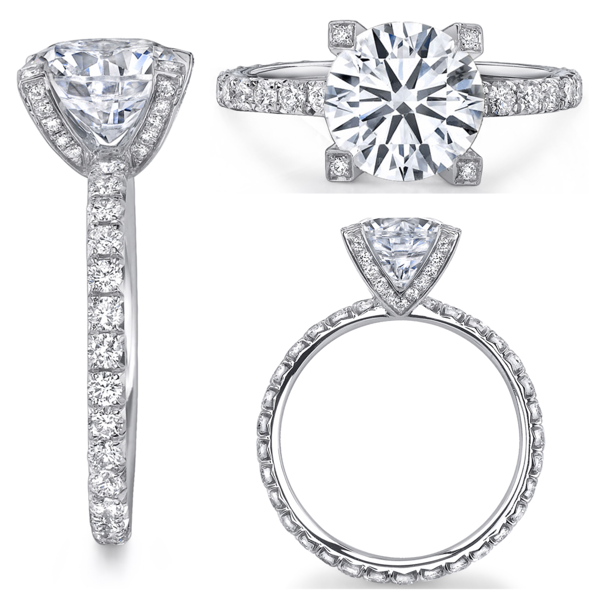 Platinum Ring with a Round Brilliant Center Stone and Ideal Cut Micro Pave Diamonds